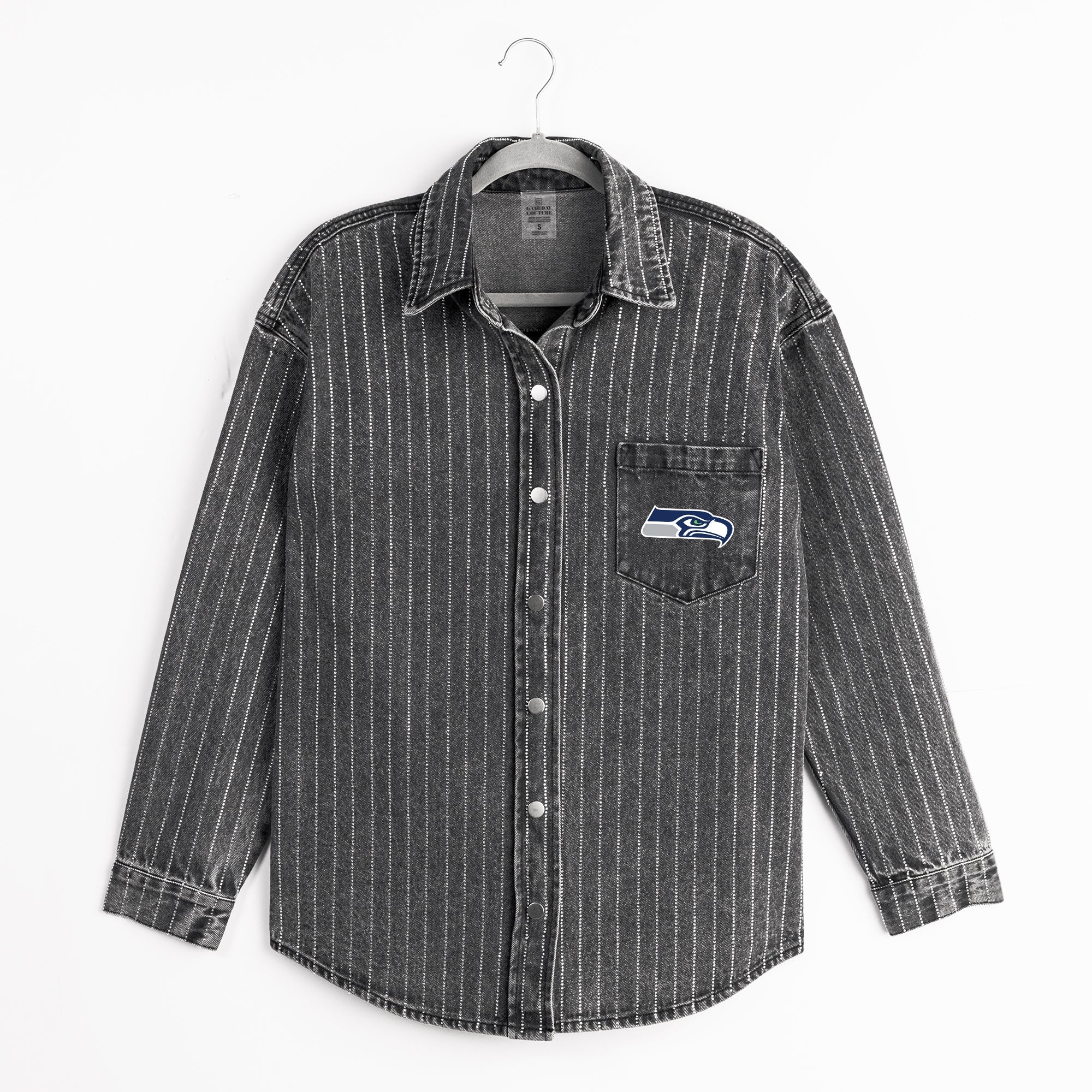 SEATTLE SEAHAWKS STYLES THE LIMIT MICRO-RHINESTONE DENIM OVERSHIRT IN BLACK