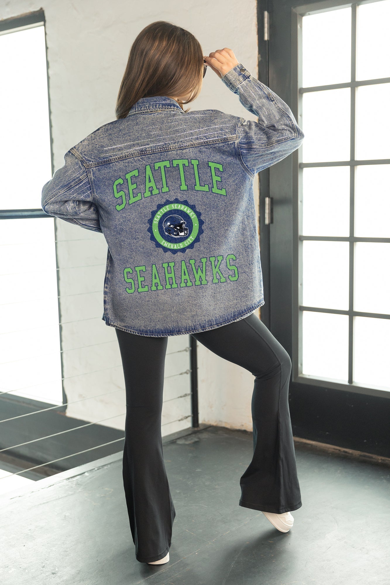 SEATTLE SEAHAWKS STYLES THE LIMIT MICRO-RHINESTONE DENIM OVERSHIRT