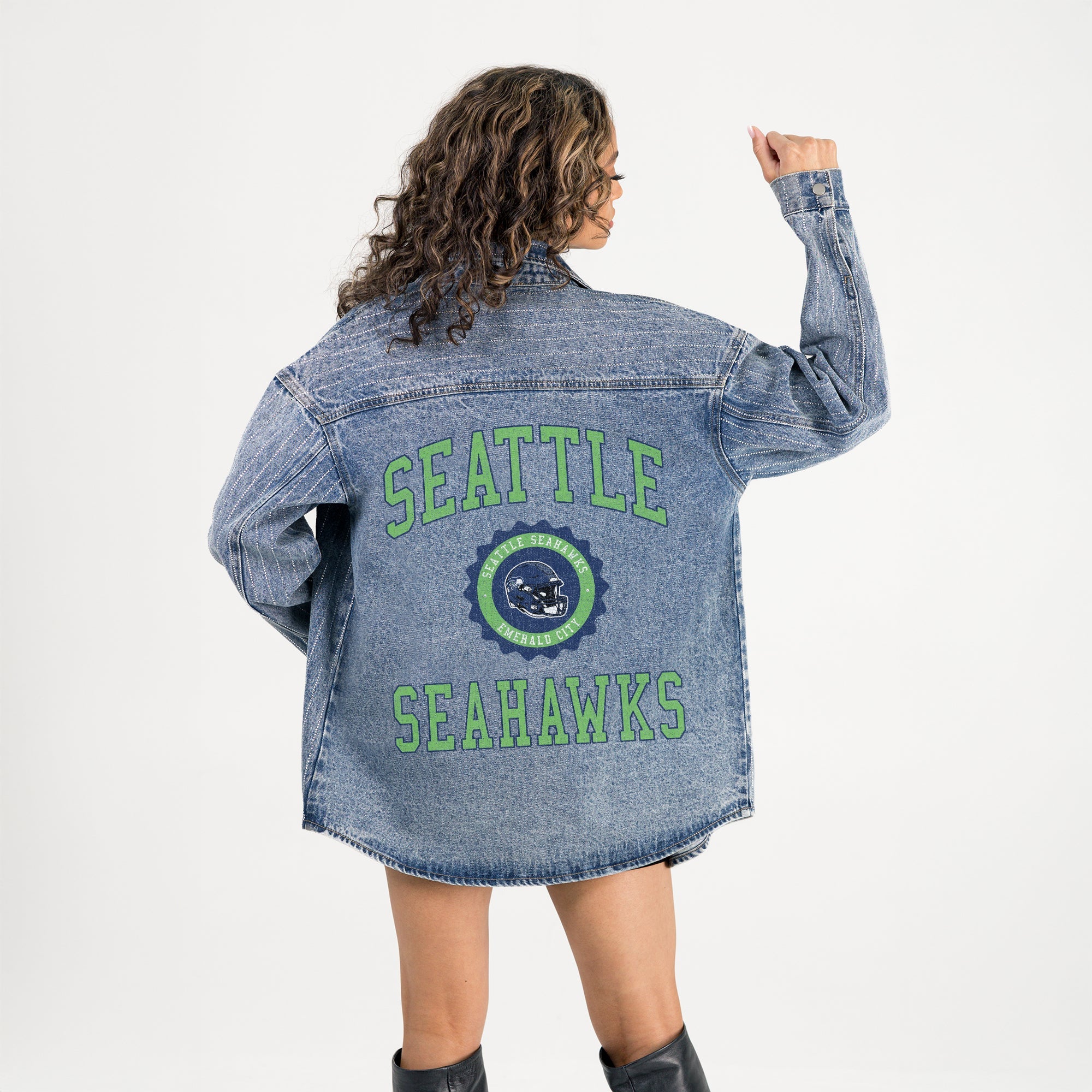 SEATTLE SEAHAWKS STYLES THE LIMIT MICRO-RHINESTONE DENIM OVERSHIRT