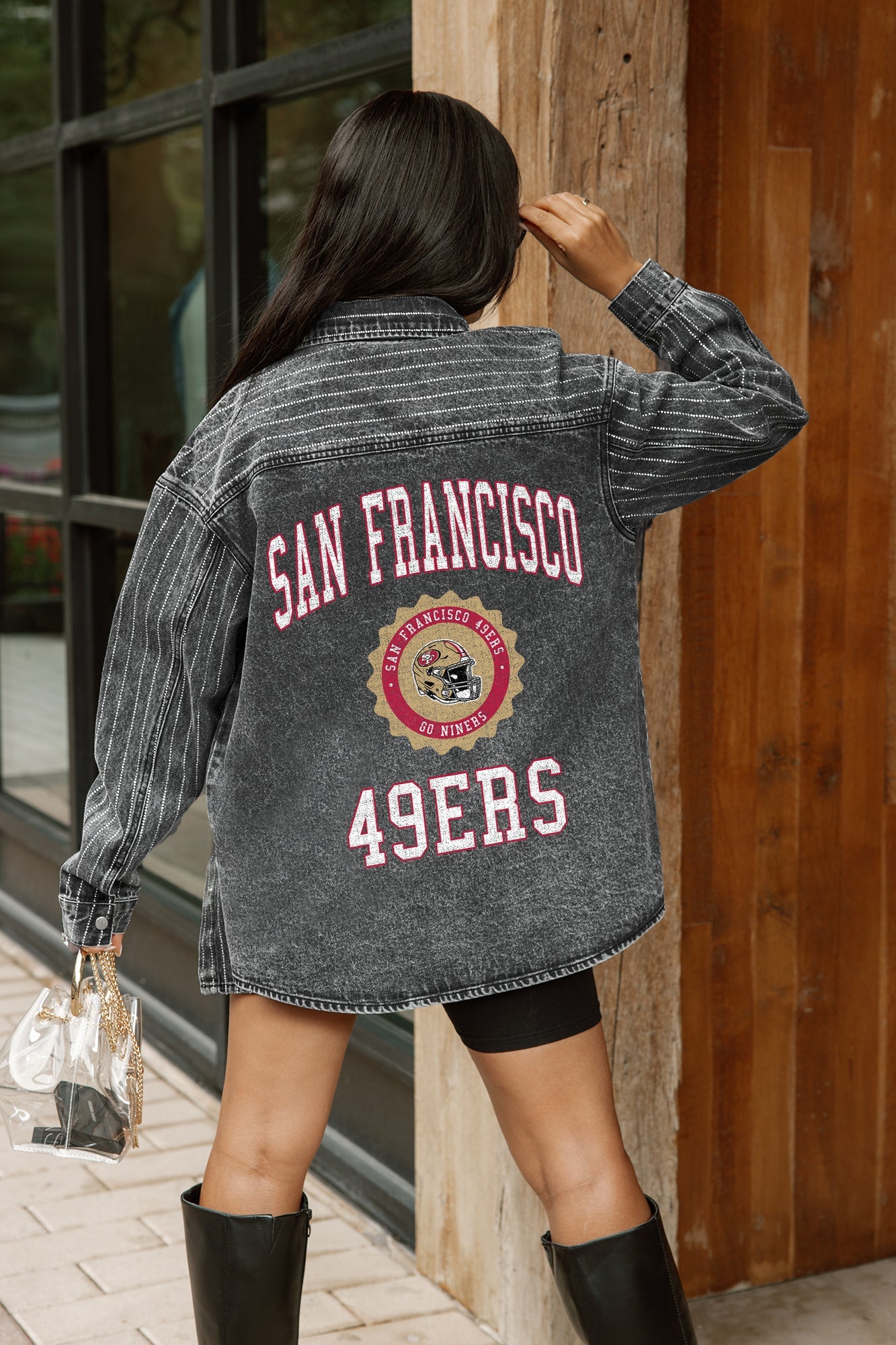 SAN FRANCISCO 49ERS STYLES THE LIMIT MICRO-RHINESTONE DENIM OVERSHIRT IN BLACK