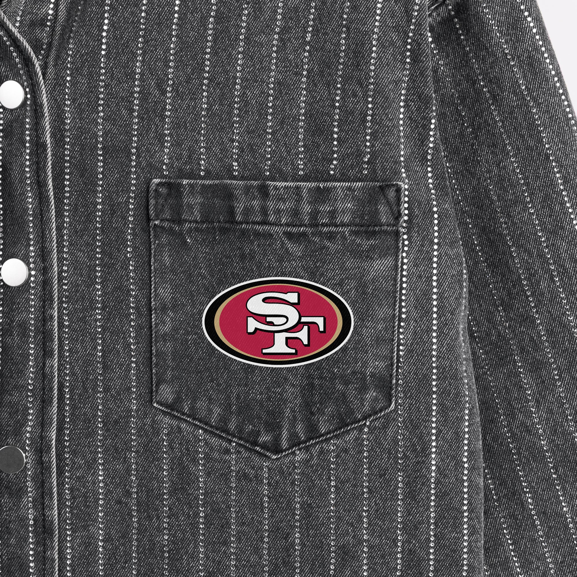 SAN FRANCISCO 49ERS STYLES THE LIMIT MICRO-RHINESTONE DENIM OVERSHIRT IN BLACK