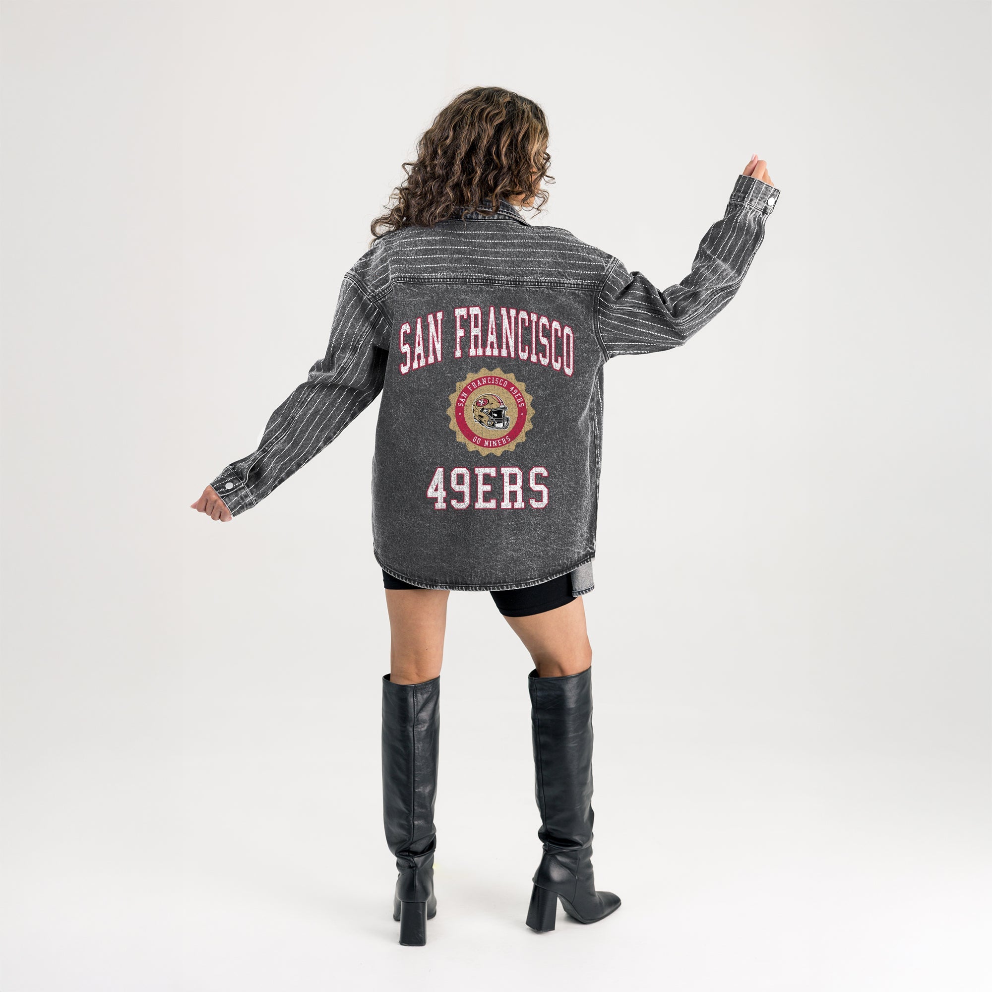 SAN FRANCISCO 49ERS STYLES THE LIMIT MICRO-RHINESTONE DENIM OVERSHIRT IN BLACK