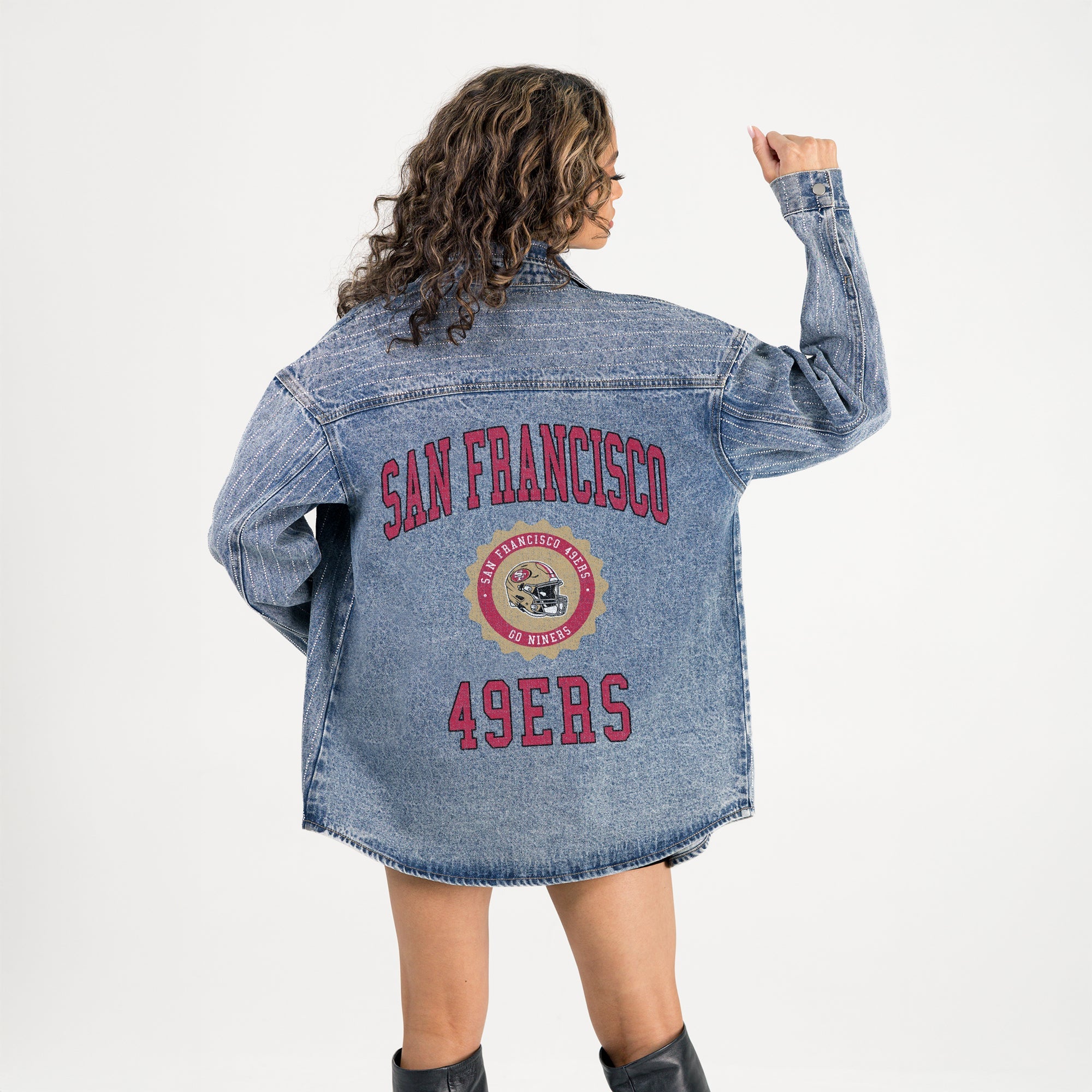 SAN FRANCISCO 49ERS STYLES THE LIMIT MICRO-RHINESTONE DENIM OVERSHIRT