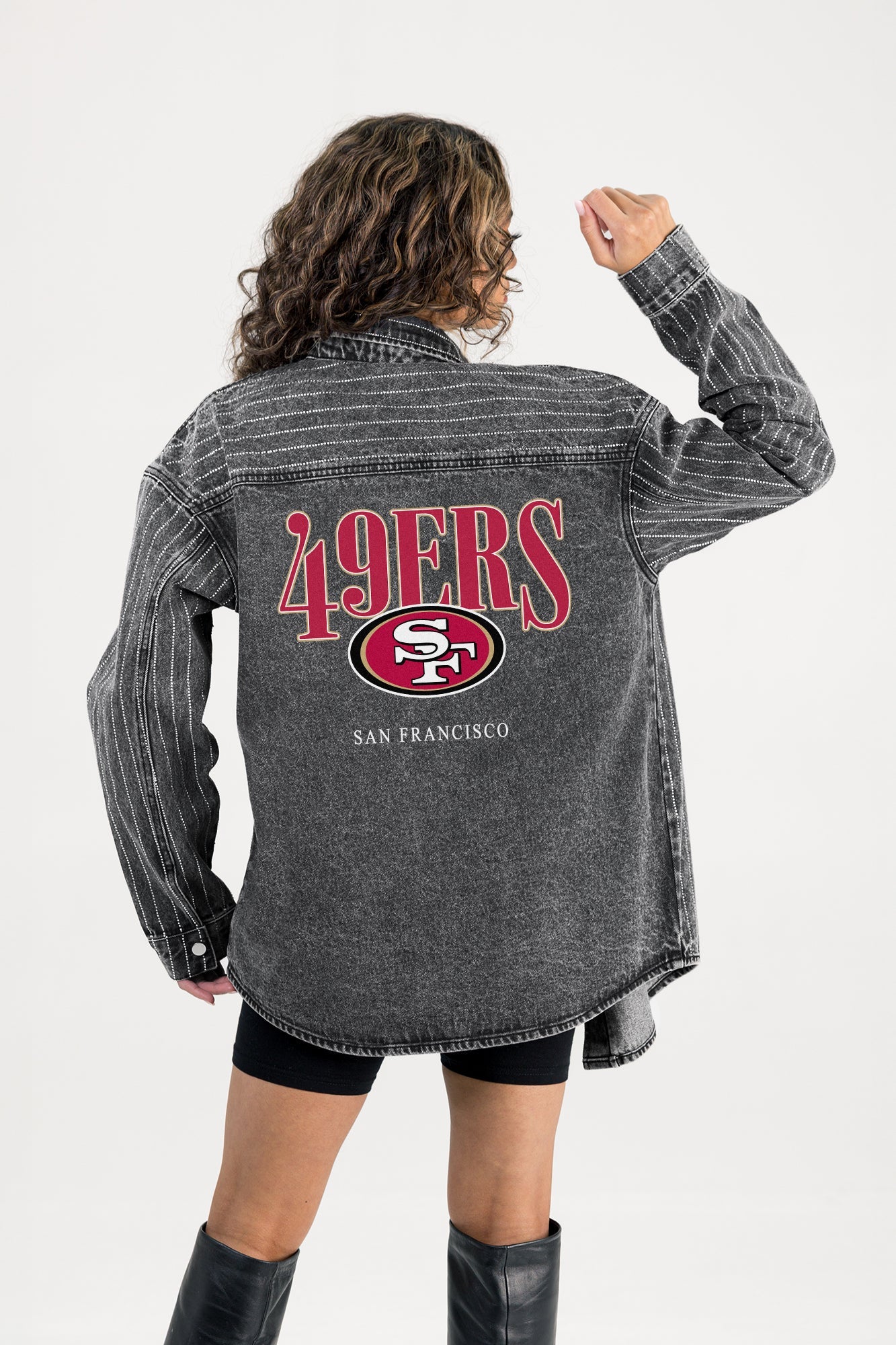 SAN FRANCISCO 49ERS END ZONE ENERGY MICRO-RHINESTONE OVERSHIRT BY RANDI MAHOMES