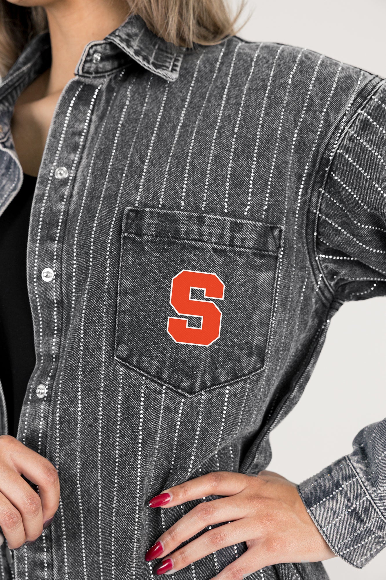 SYRACUSE ORANGE STYLES THE LIMIT MICRO-RHINESTONE DENIM OVERSHIRT IN BLACK