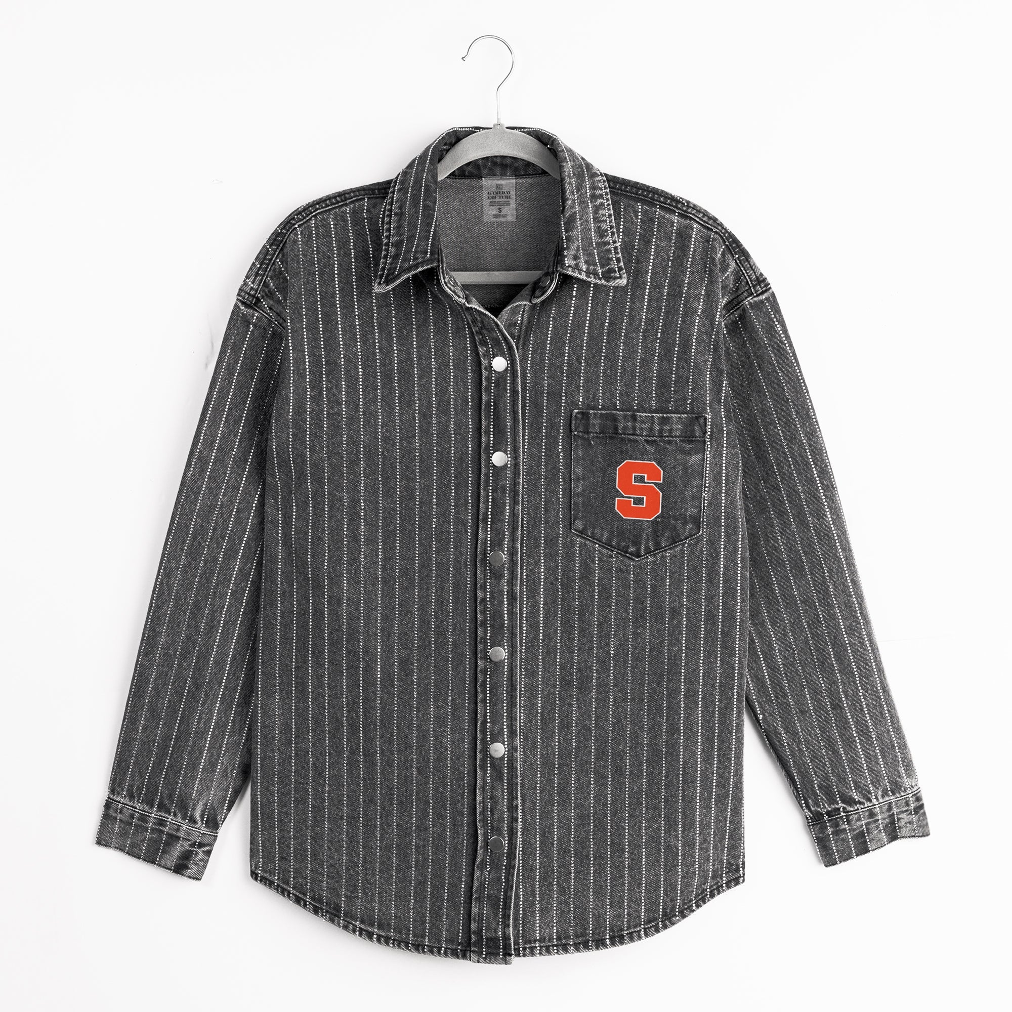 SYRACUSE ORANGE STYLES THE LIMIT MICRO-RHINESTONE DENIM OVERSHIRT IN BLACK
