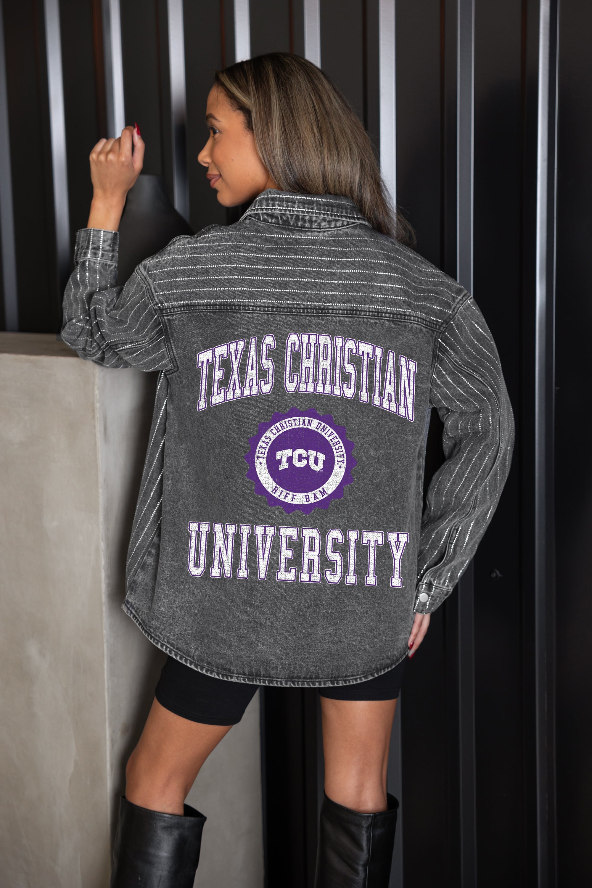 TCU HORNED FROGS STYLES THE LIMIT MICRO-RHINESTONE DENIM OVERSHIRT IN BLACK