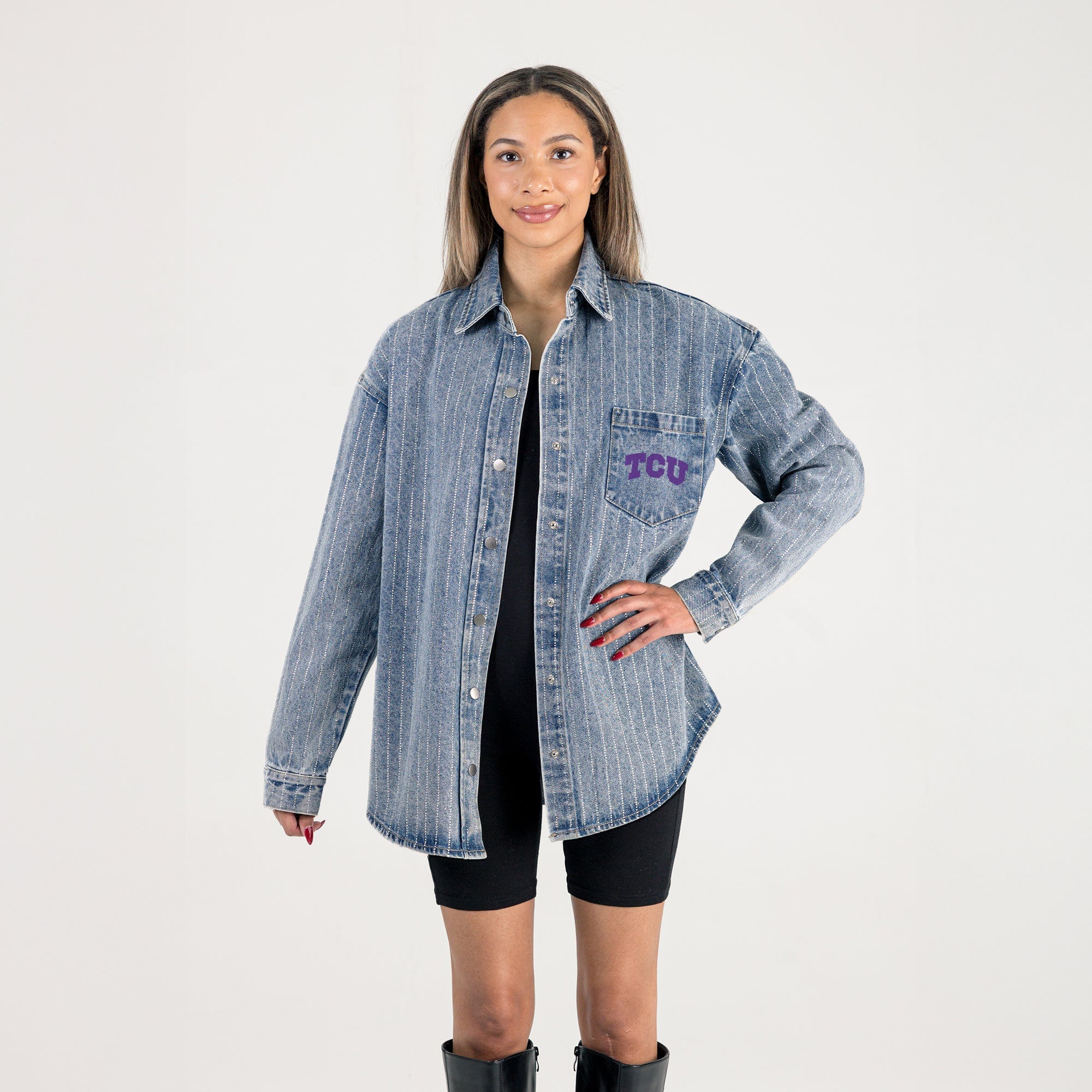 TCU HORNED FROGS STYLES THE LIMIT MICRO-RHINESTONE DENIM OVERSHIRT