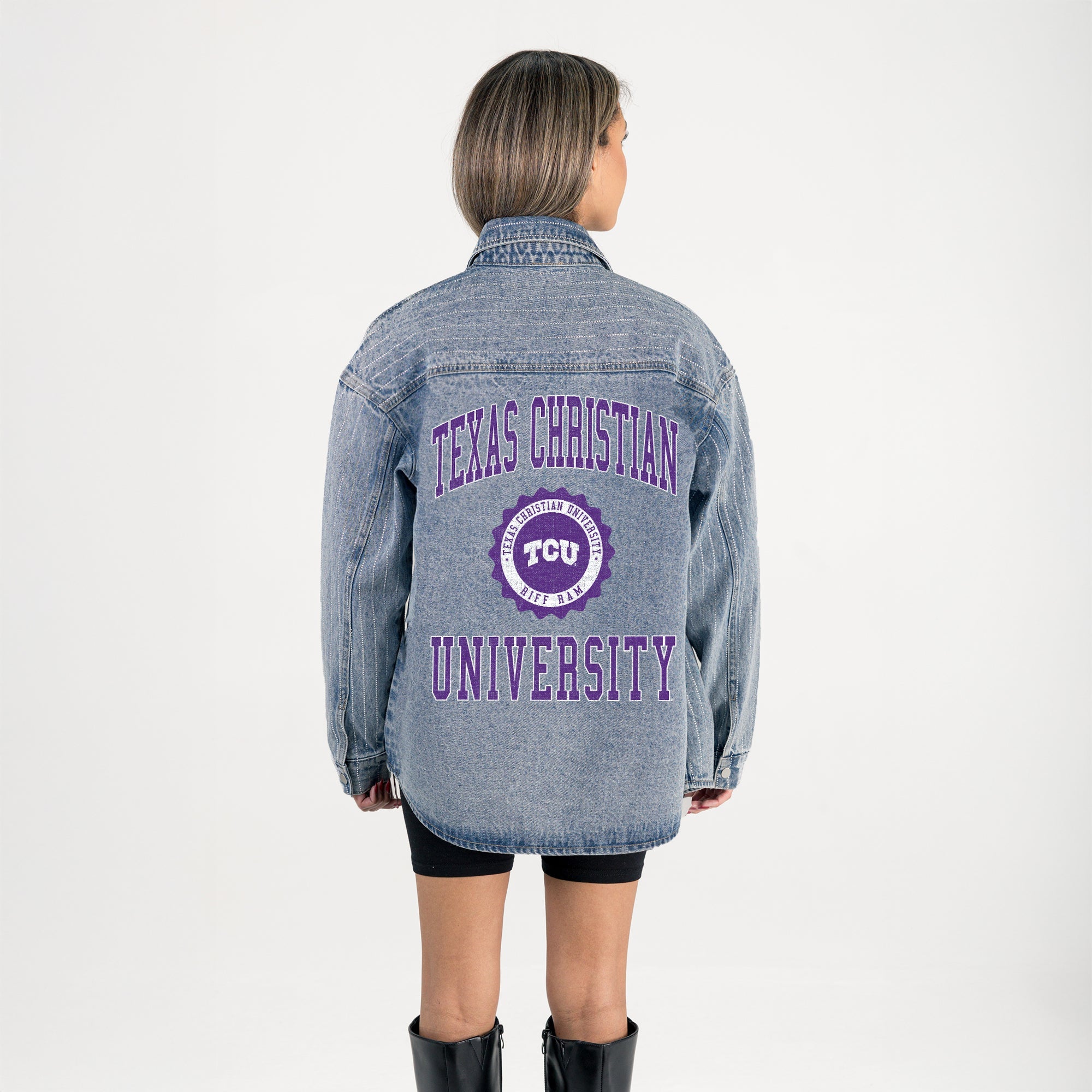 TCU HORNED FROGS STYLES THE LIMIT MICRO-RHINESTONE DENIM OVERSHIRT