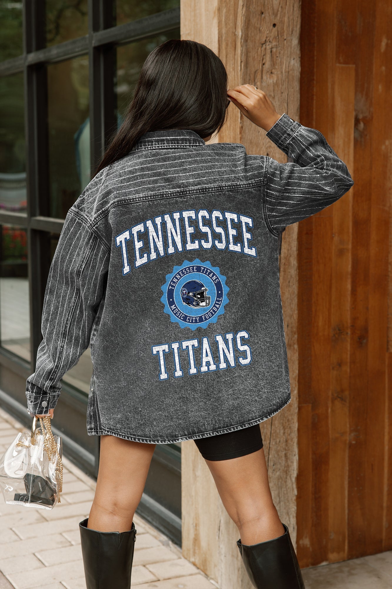 TENNESSEE TITANS STYLES THE LIMIT MICRO-RHINESTONE DENIM OVERSHIRT IN BLACK
