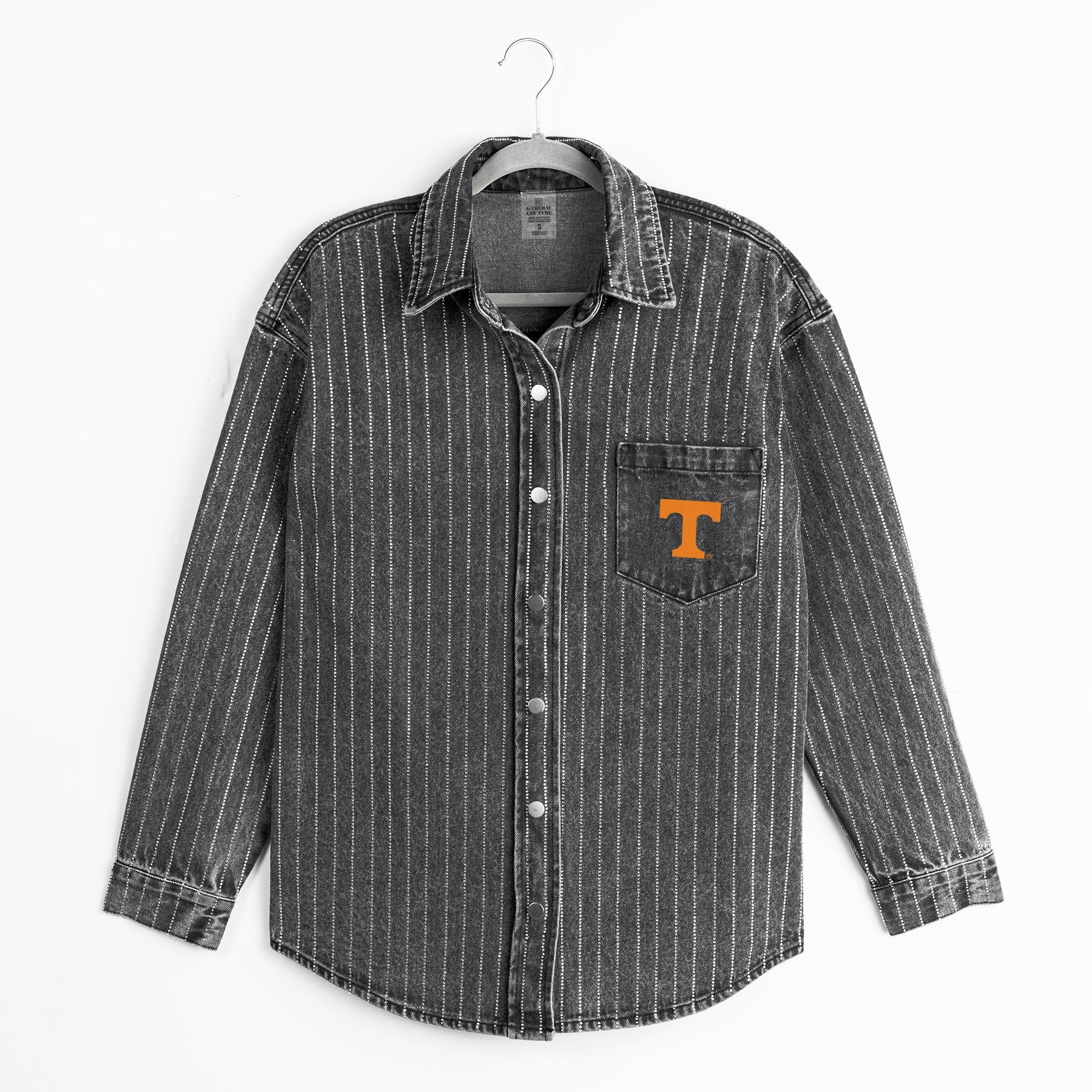 TENNESSEE VOLUNTEERS STYLES THE LIMIT MICRO-RHINESTONE DENIM OVERSHIRT IN BLACK