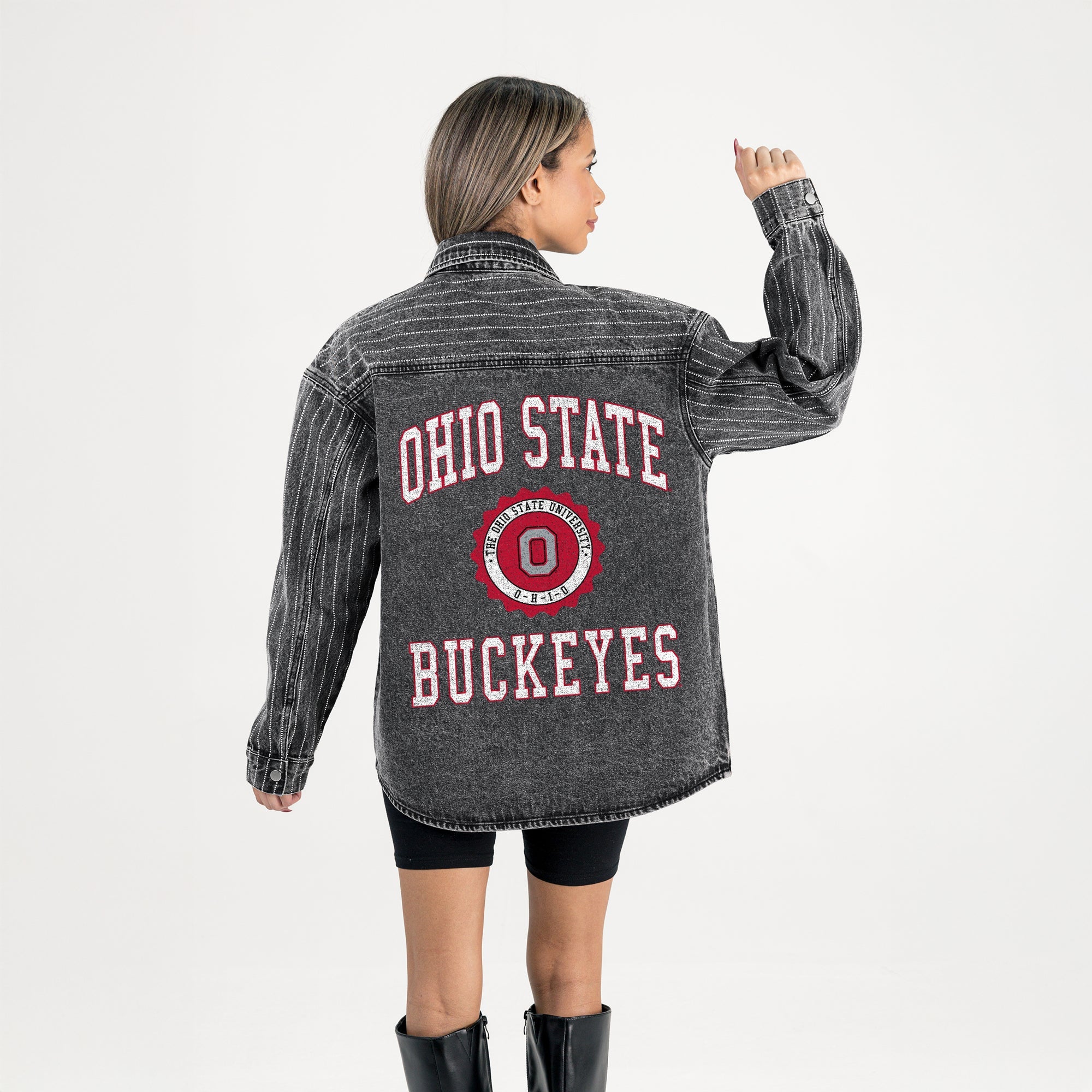 OHIO STATE BUCKEYES STYLES THE LIMIT MICRO-RHINESTONE DENIM OVERSHIRT IN BLACK