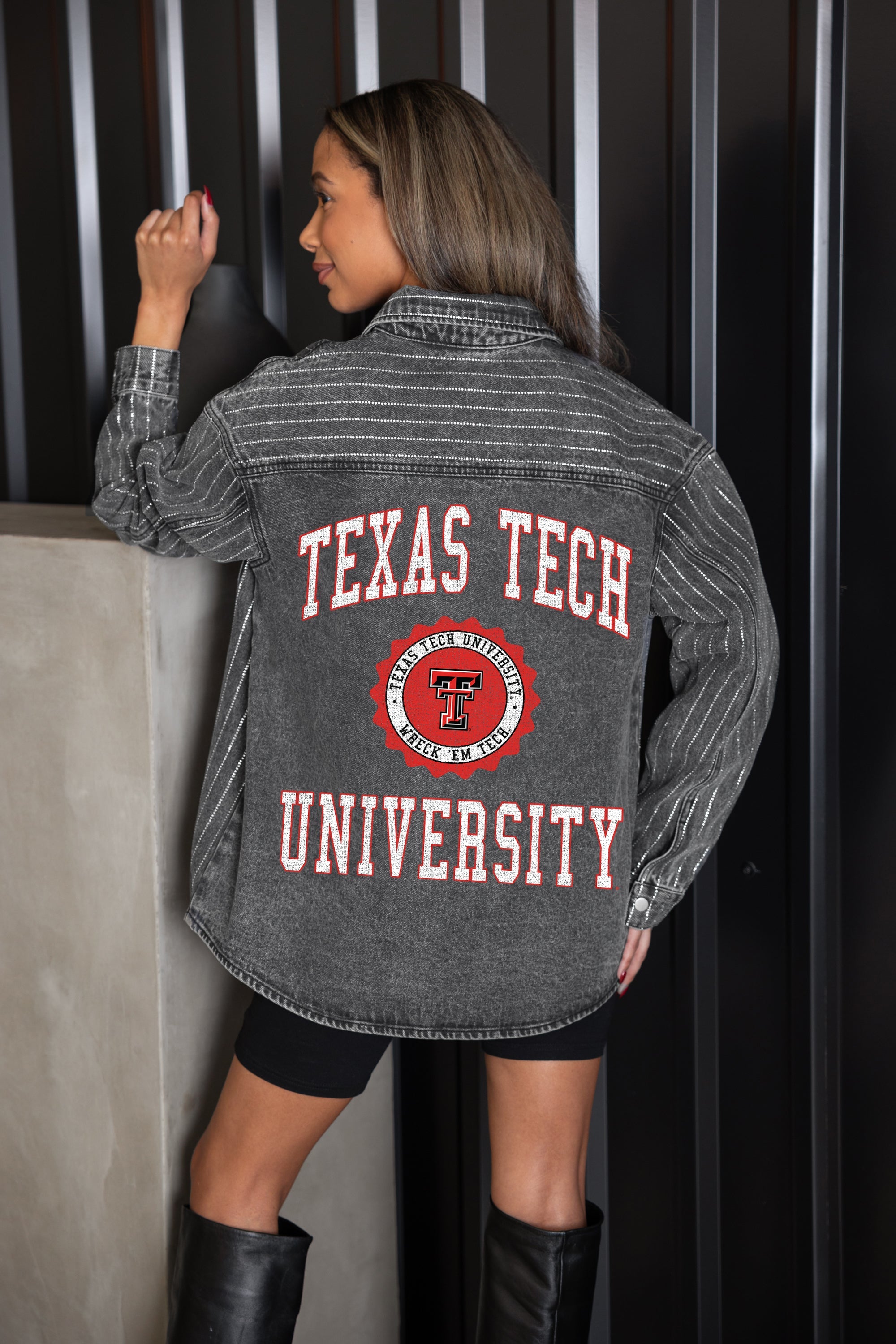 TEXAS TECH RED RAIDERS STYLES THE LIMIT MICRO-RHINESTONE DENIM OVERSHIRT IN BLACK