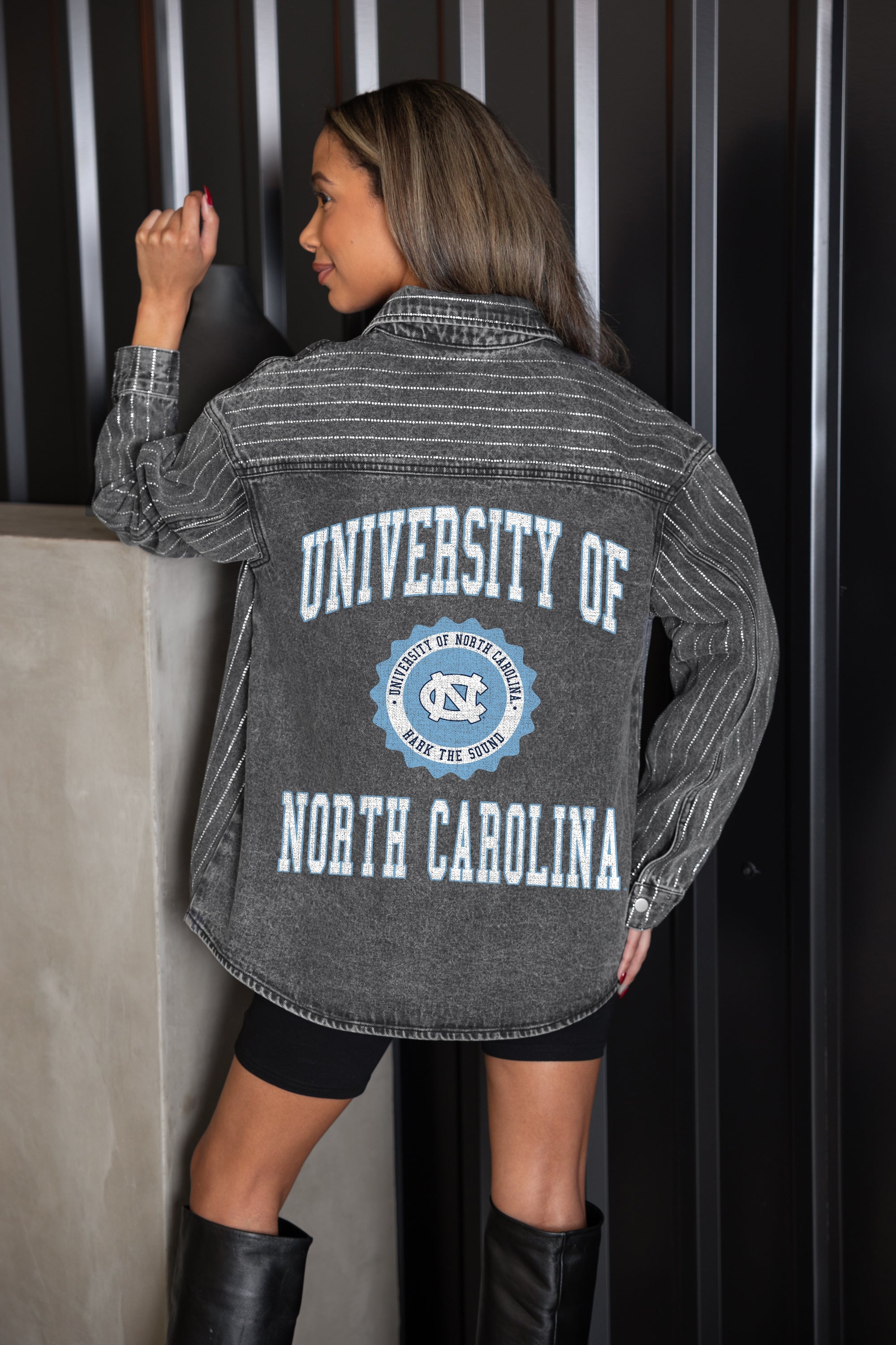NORTH CAROLINA TAR HEELS STYLES THE LIMIT MICRO-RHINESTONE DENIM OVERSHIRT IN BLACK