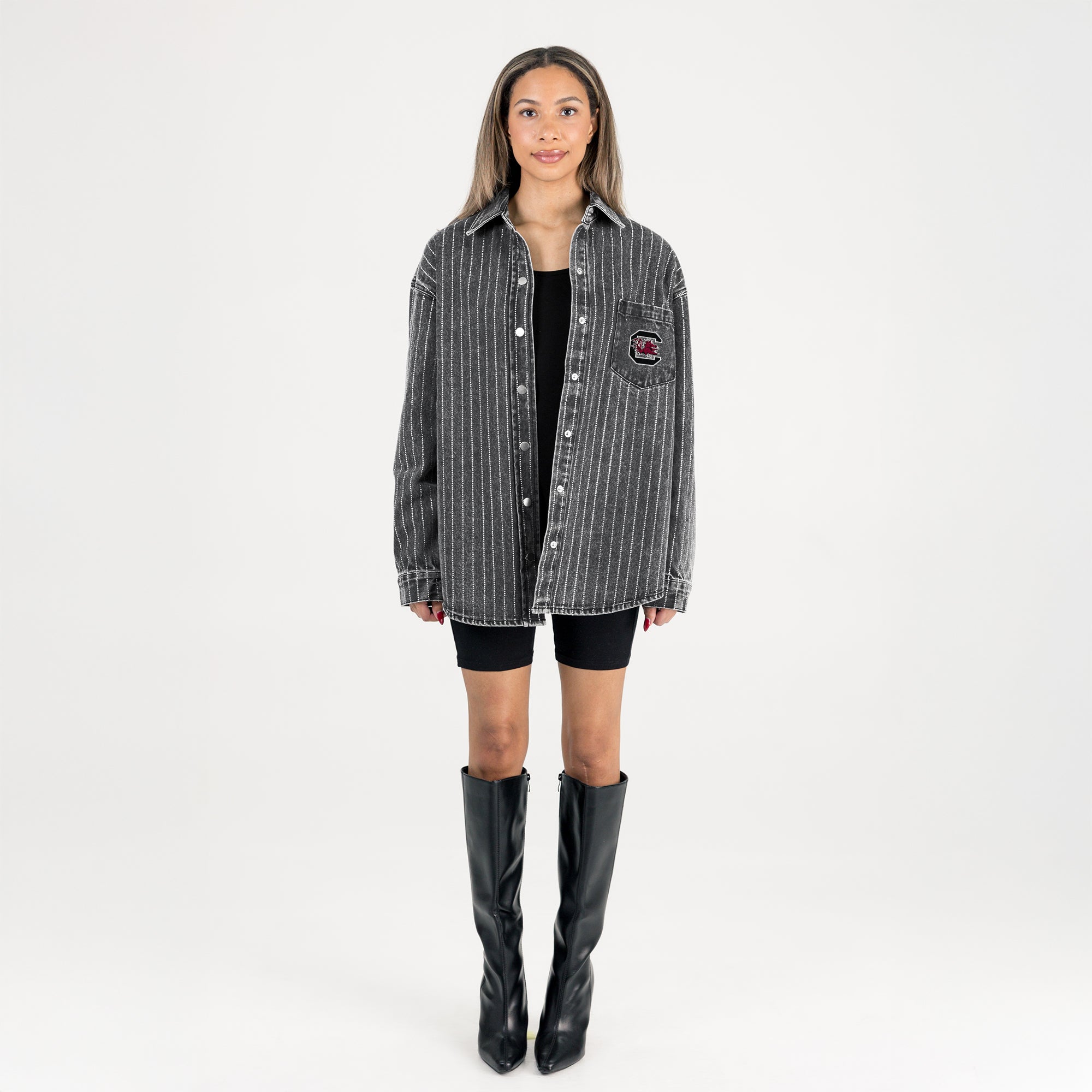 SOUTH CAROLINA GAMECOCKS STYLES THE LIMIT MICRO-RHINESTONE DENIM OVERSHIRT IN BLACK