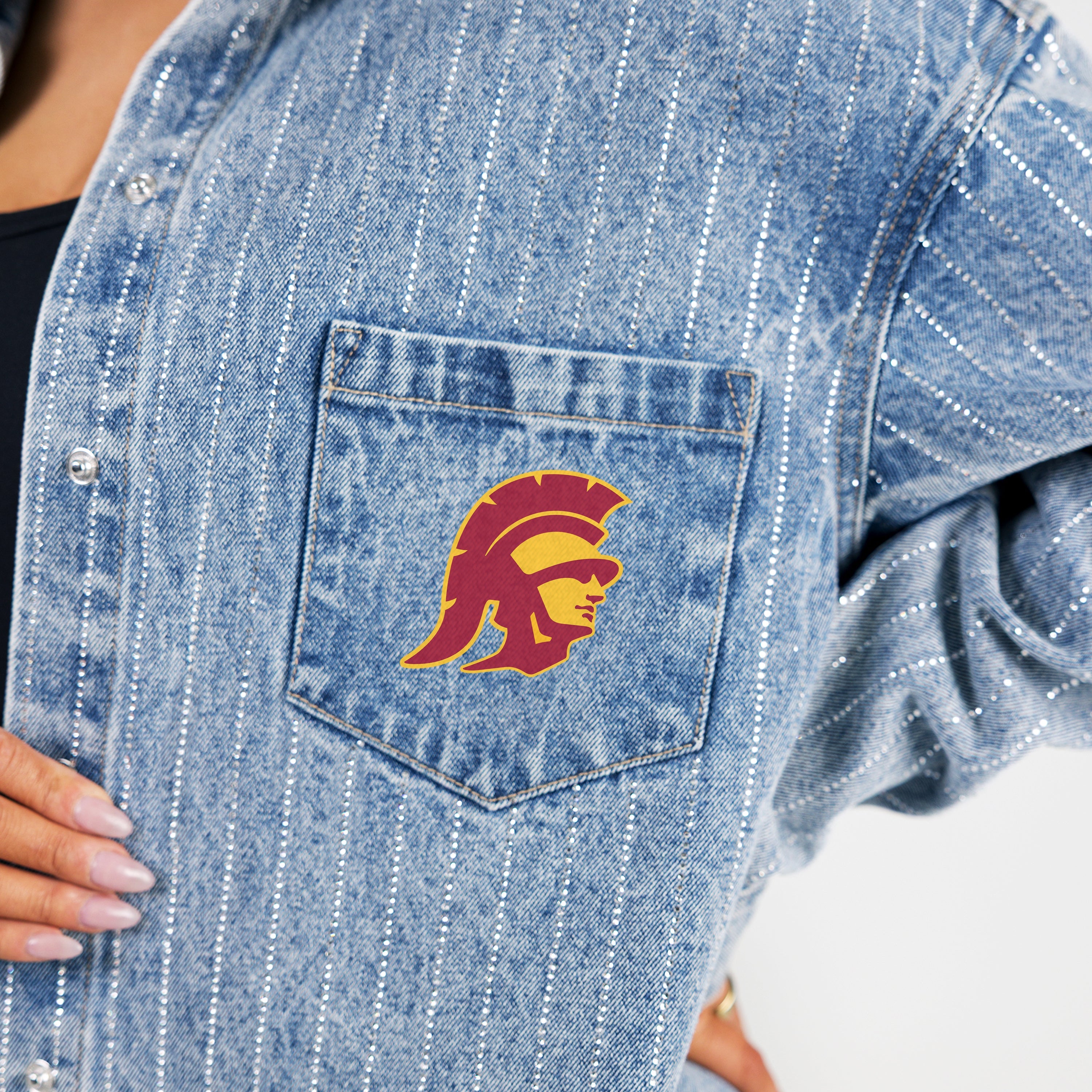 USC TROJANS STYLES THE LIMIT MICRO-RHINESTONE DENIM OVERSHIRT