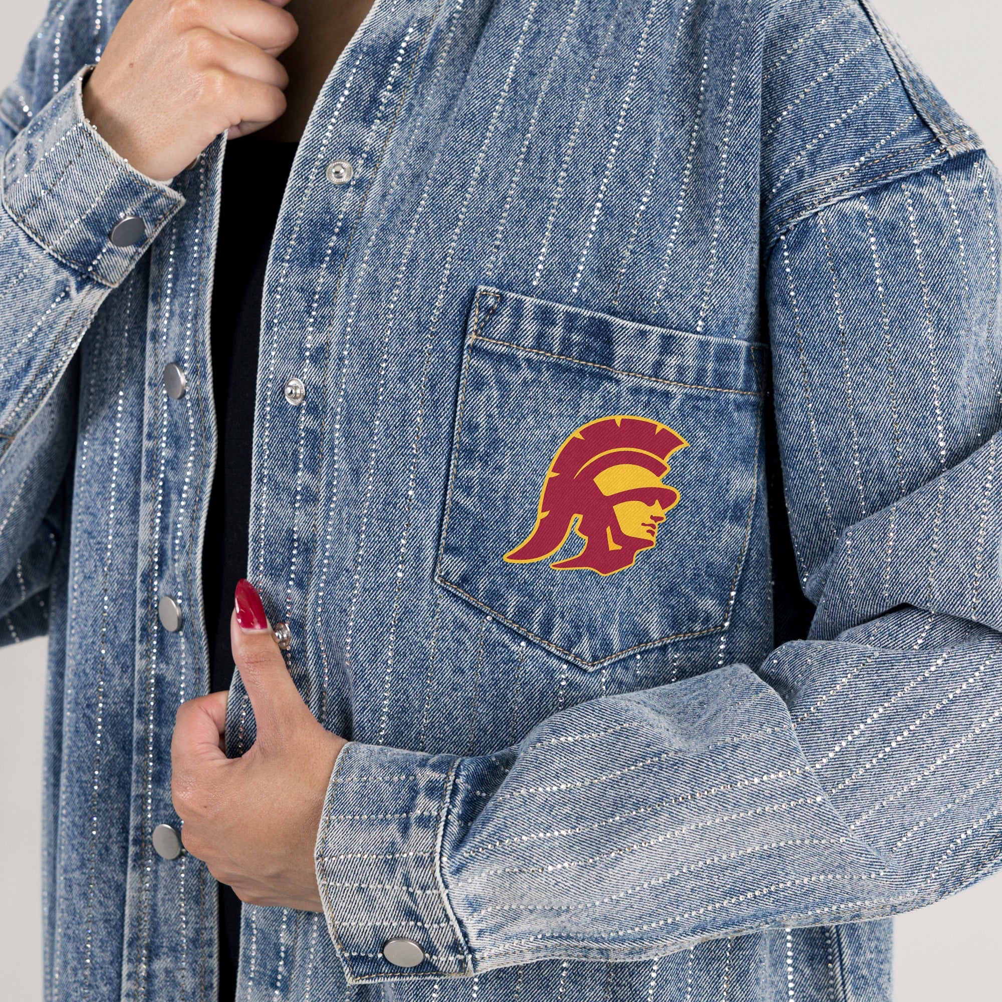 USC TROJANS STYLES THE LIMIT MICRO-RHINESTONE DENIM OVERSHIRT