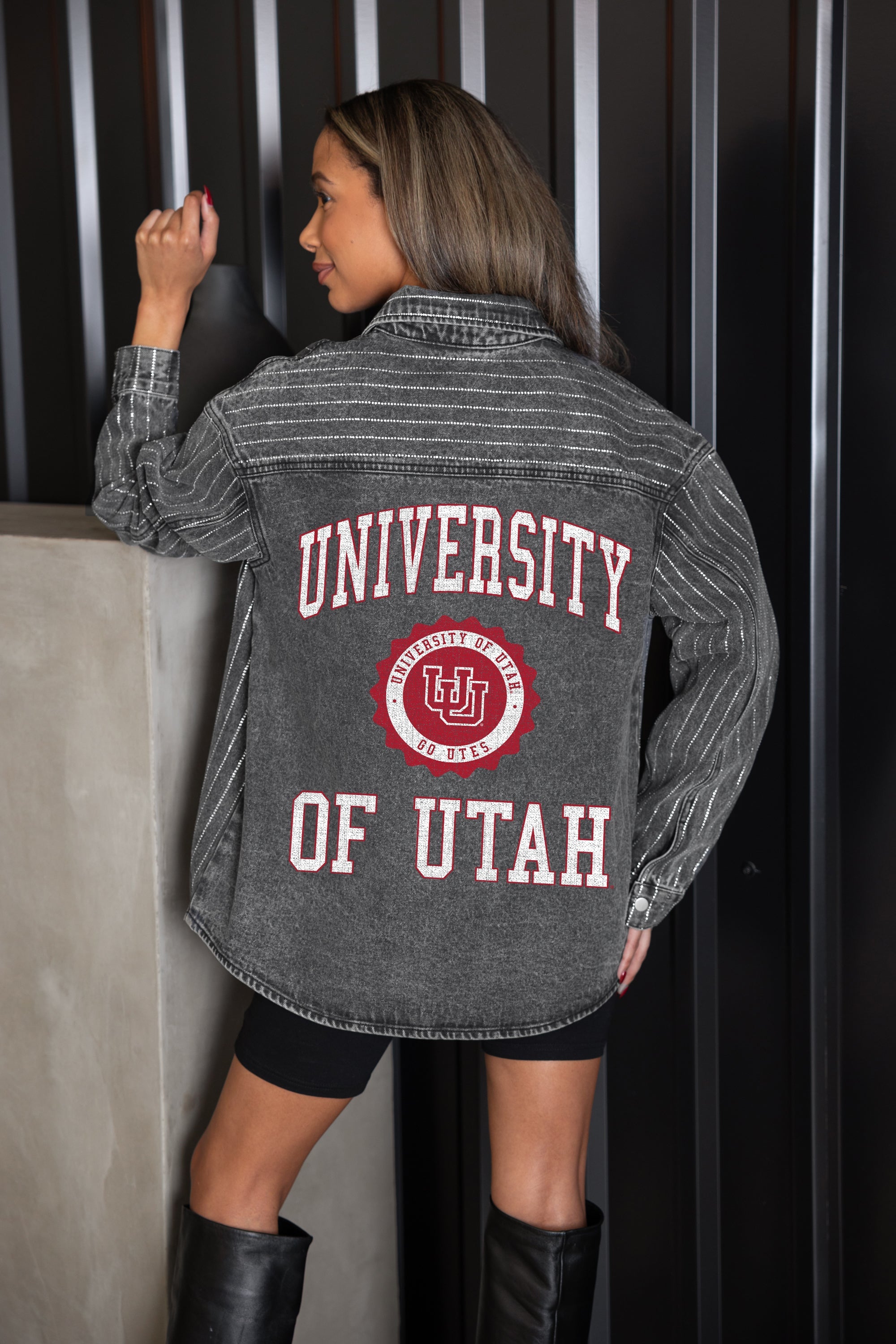 UTAH UTES STYLES THE LIMIT MICRO-RHINESTONE DENIM OVERSHIRT IN BLACK