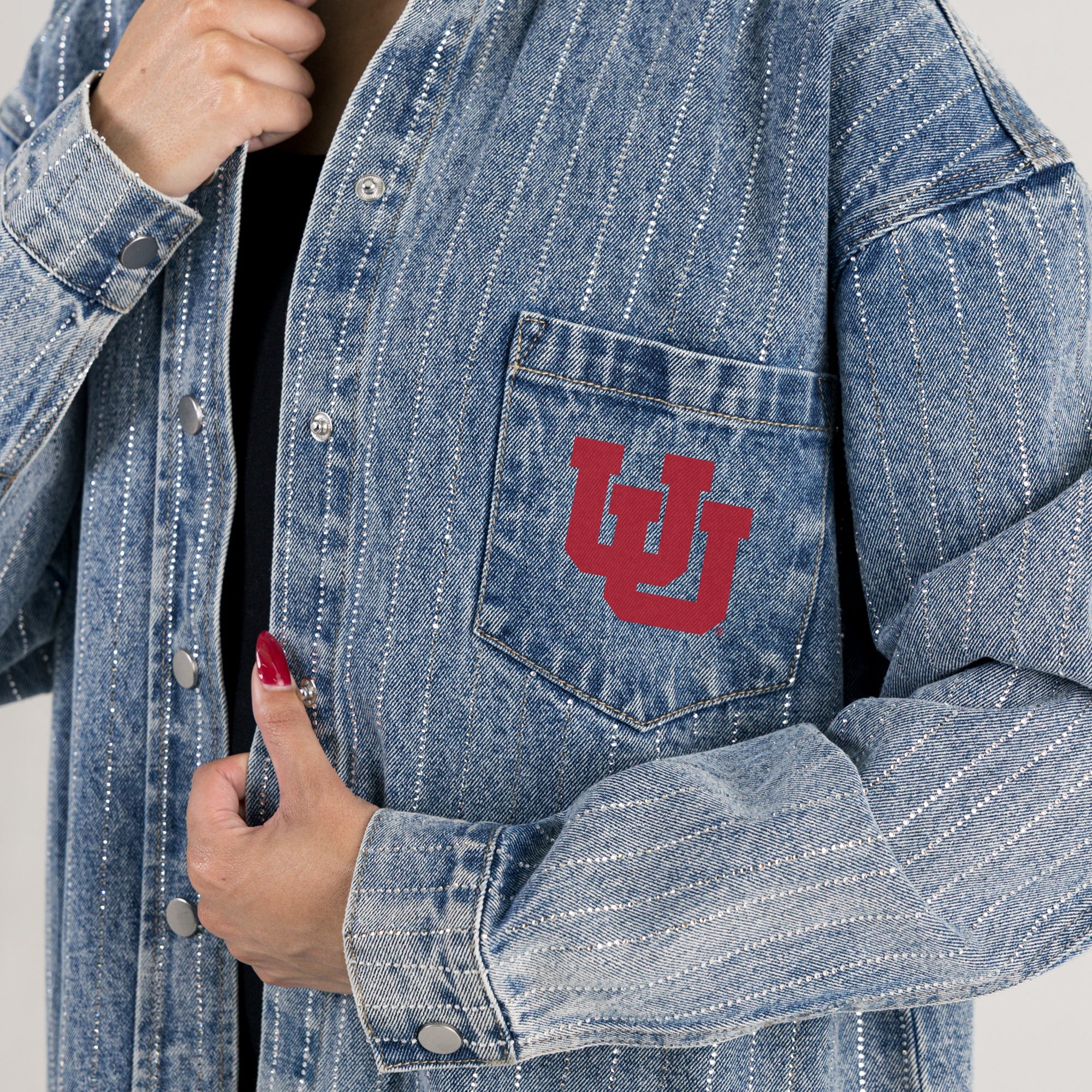 UTAH UTES STYLES THE LIMIT MICRO-RHINESTONE DENIM OVERSHIRT