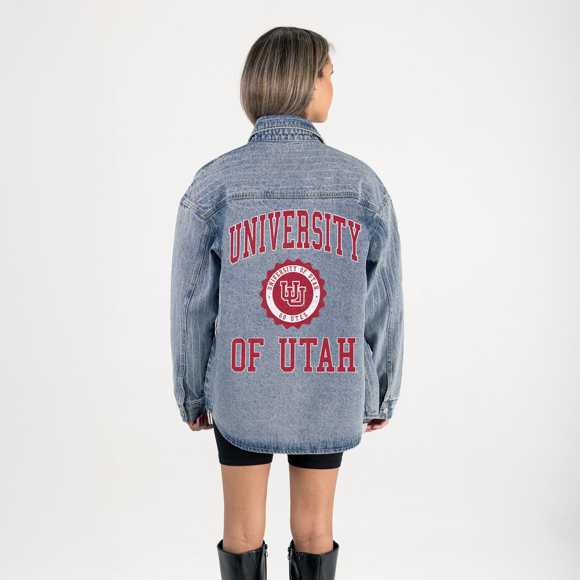 UTAH UTES STYLES THE LIMIT MICRO-RHINESTONE DENIM OVERSHIRT