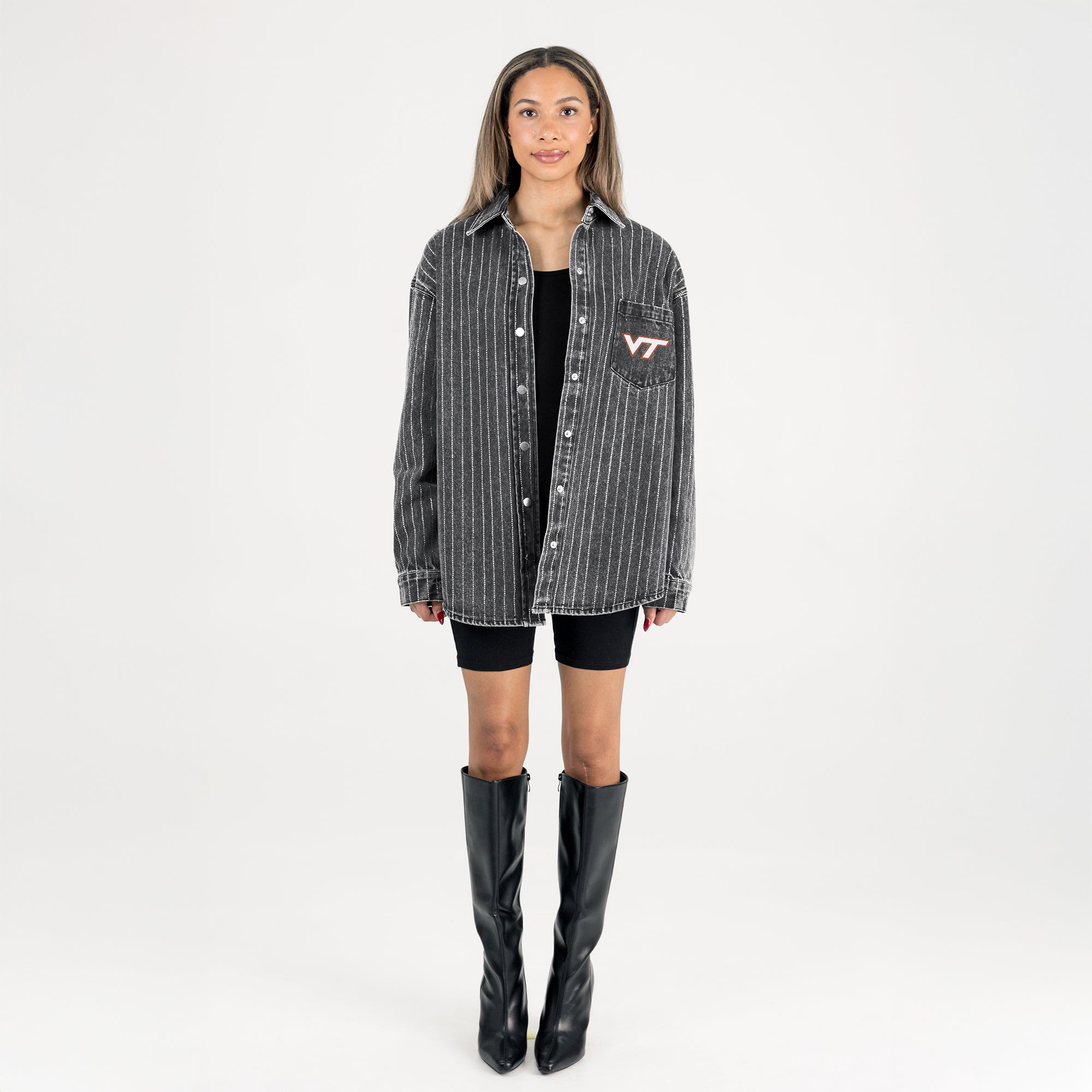 VIRGINIA TECH HOKIES STYLES THE LIMIT MICRO-RHINESTONE DENIM OVERSHIRT IN BLACK