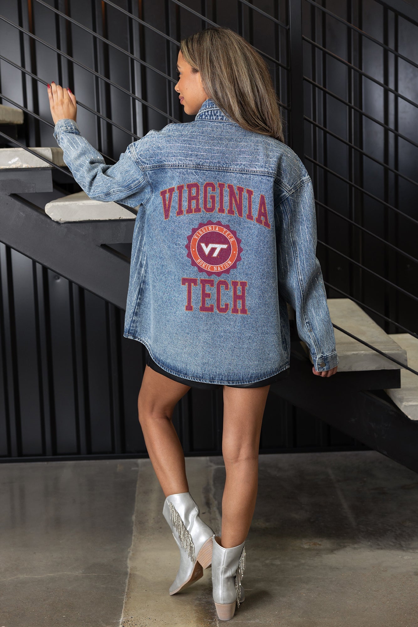 VIRGINIA TECH HOKIES STYLES THE LIMIT MICRO-RHINESTONE DENIM OVERSHIRT