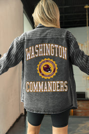 WASHINGTON COMMANDERS STYLES THE LIMIT MICRO-RHINESTONE DENIM OVERSHIRT IN BLACK