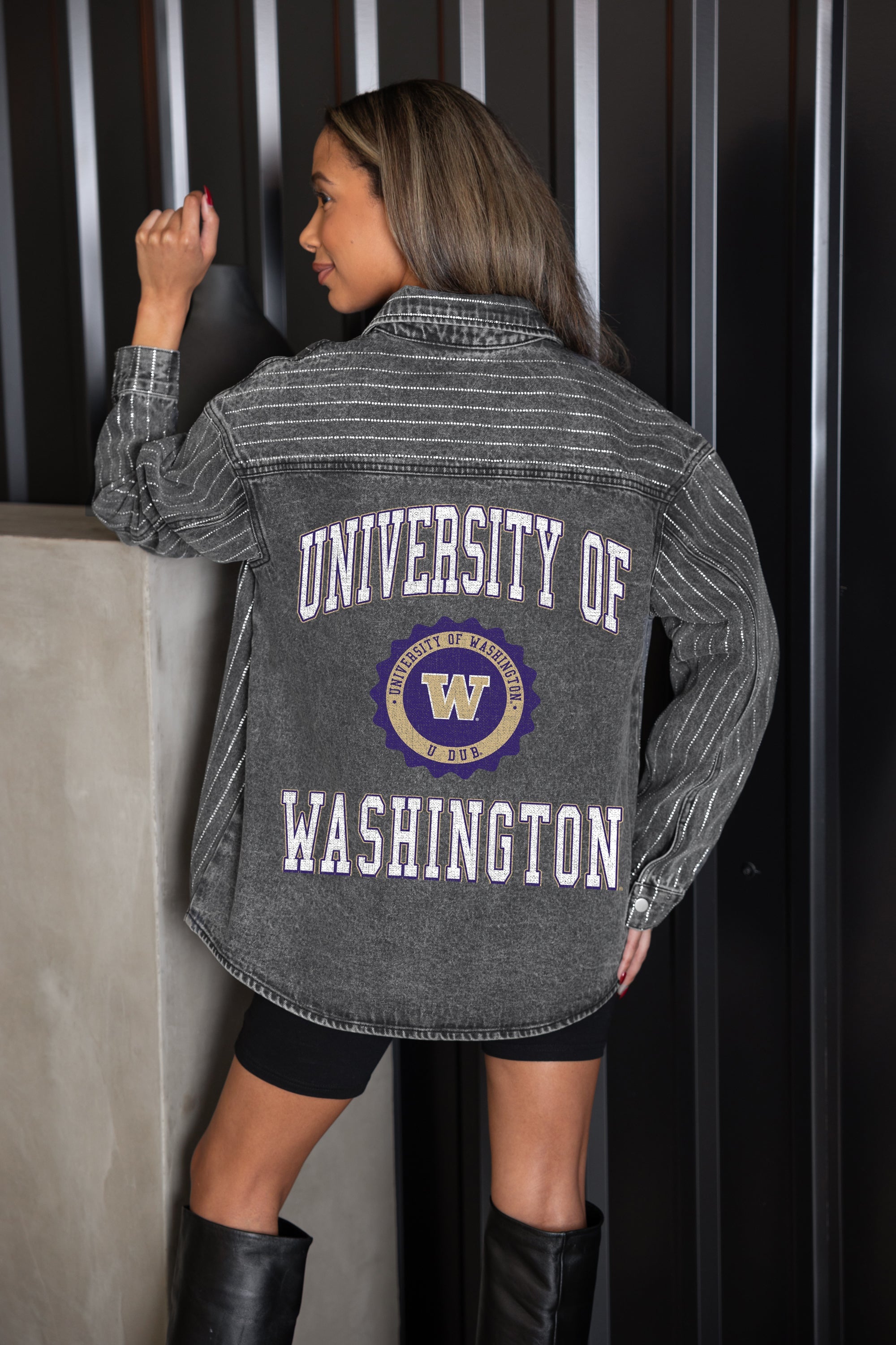 WASHINGTON HUSKIES STYLES THE LIMIT MICRO-RHINESTONE DENIM OVERSHIRT IN BLACK