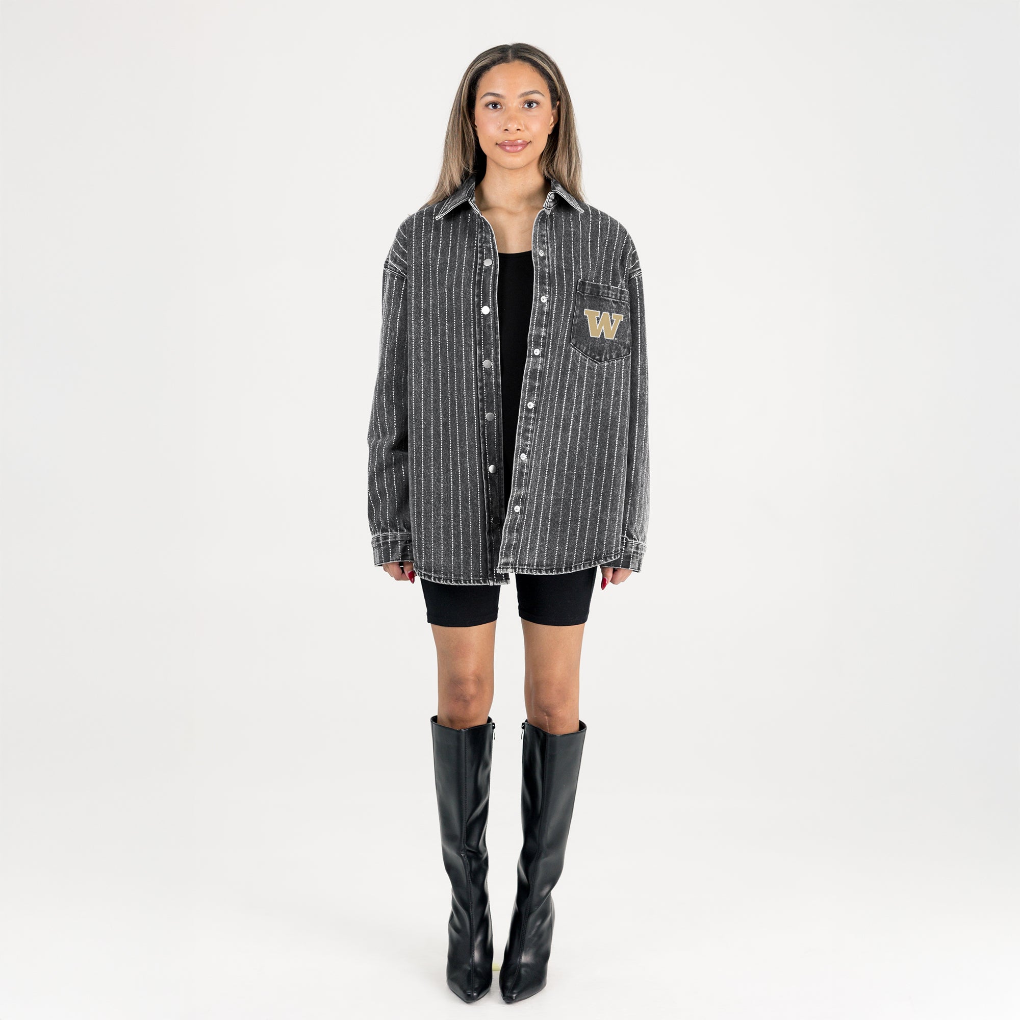 WASHINGTON HUSKIES STYLES THE LIMIT MICRO-RHINESTONE DENIM OVERSHIRT IN BLACK