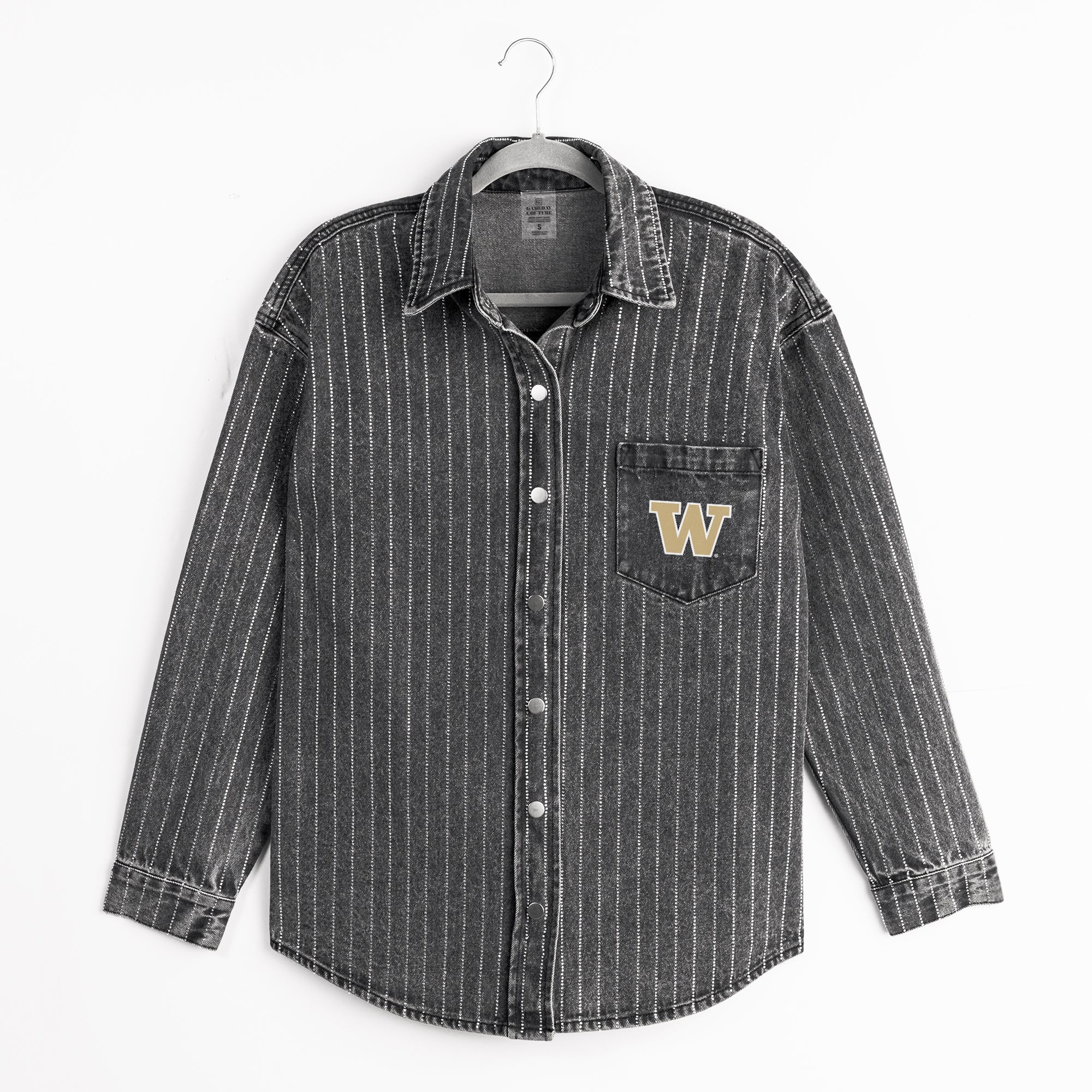 WASHINGTON HUSKIES STYLES THE LIMIT MICRO-RHINESTONE DENIM OVERSHIRT IN BLACK