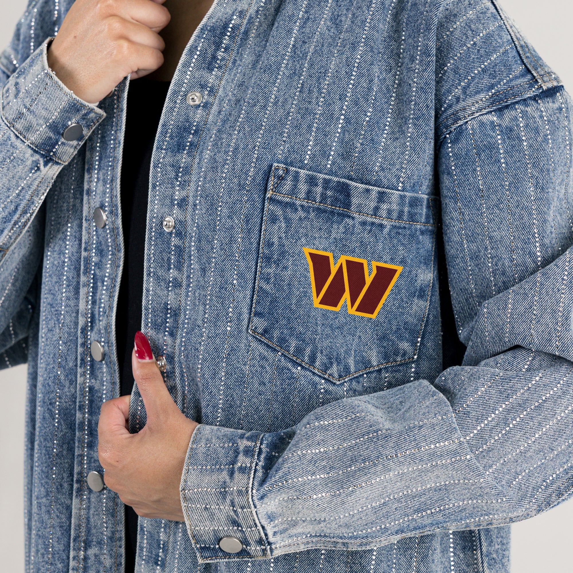 WASHINGTON COMMANDERS STYLES THE LIMIT MICRO-RHINESTONE DENIM OVERSHIRT