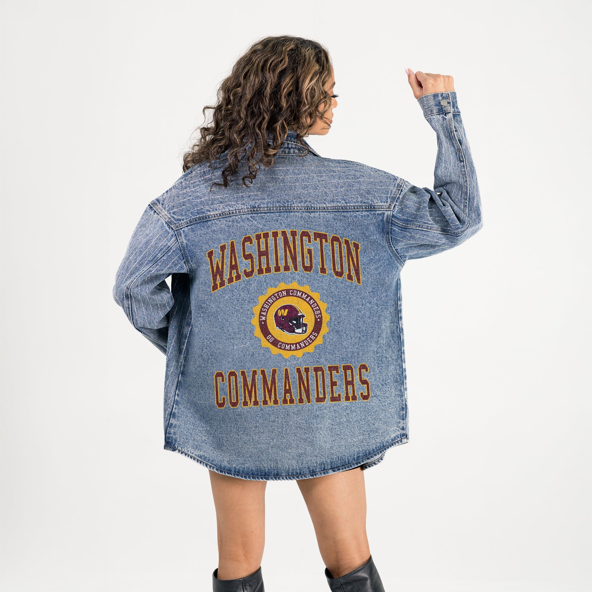 WASHINGTON COMMANDERS STYLES THE LIMIT MICRO-RHINESTONE DENIM OVERSHIRT