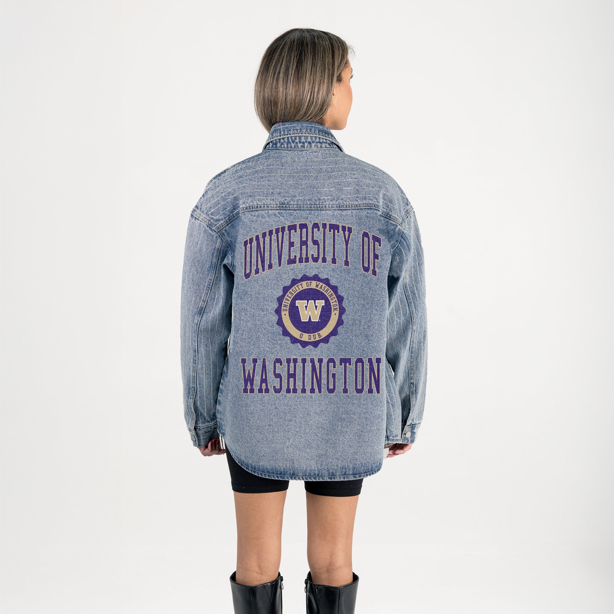 WASHINGTON HUSKIES STYLES THE LIMIT MICRO-RHINESTONE DENIM OVERSHIRT