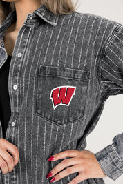 WISCONSIN BADGERS STYLES THE LIMIT MICRO-RHINESTONE DENIM OVERSHIRT IN BLACK