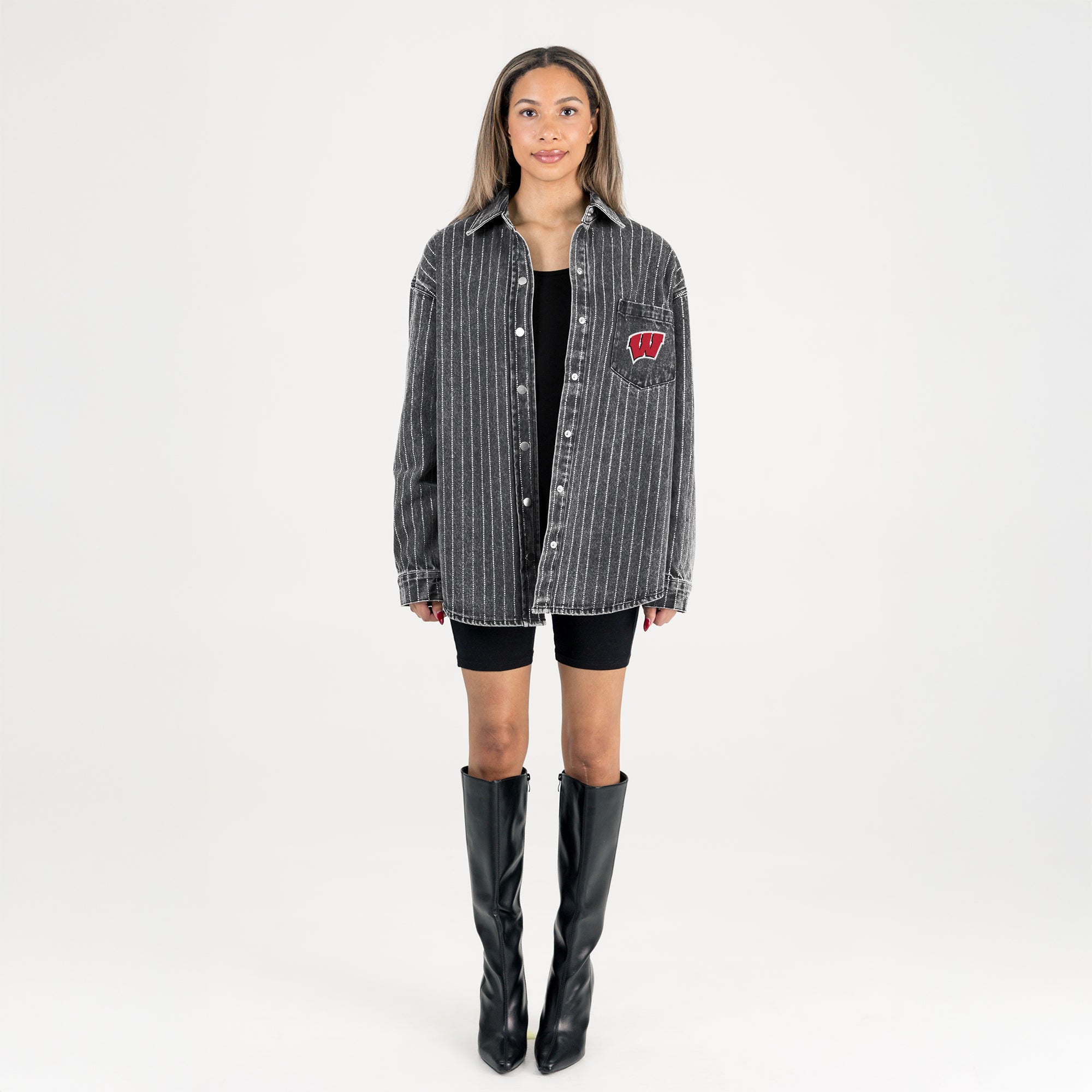 WISCONSIN BADGERS STYLES THE LIMIT MICRO-RHINESTONE DENIM OVERSHIRT IN BLACK