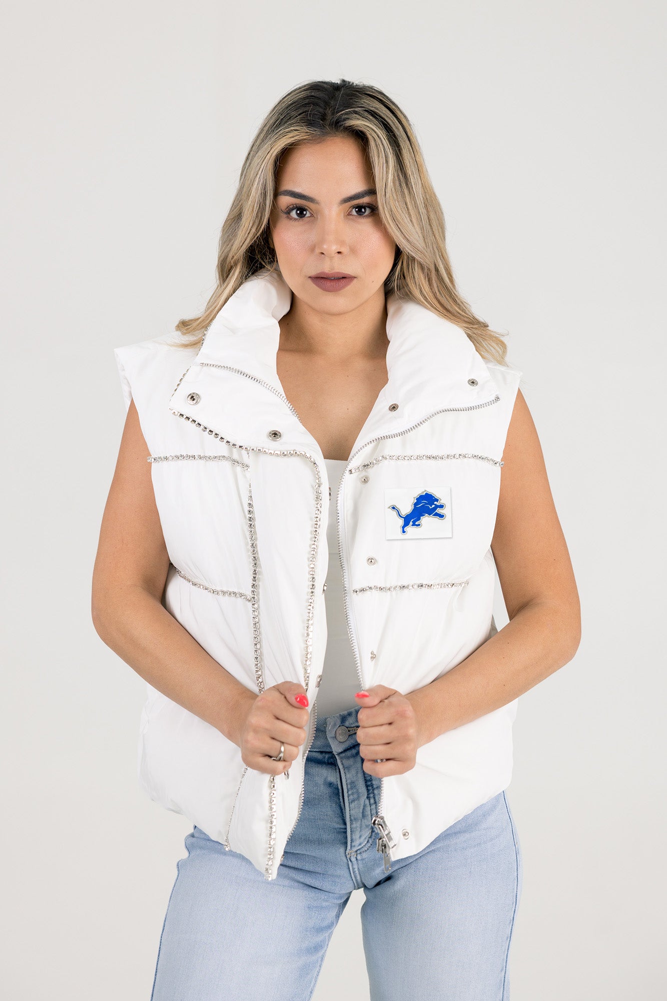 DETROIT LIONS MAKE IT SHINE RHINESTONE DETAIL PUFFER VEST BY RANDI