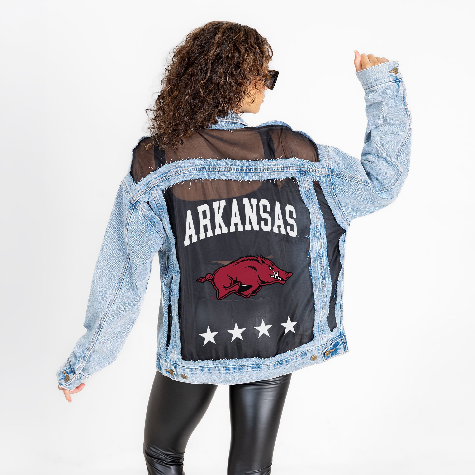 ARKANSAS RAZORBACKS RULE BREAKER DISTRESSED MESH DENIM JACKET