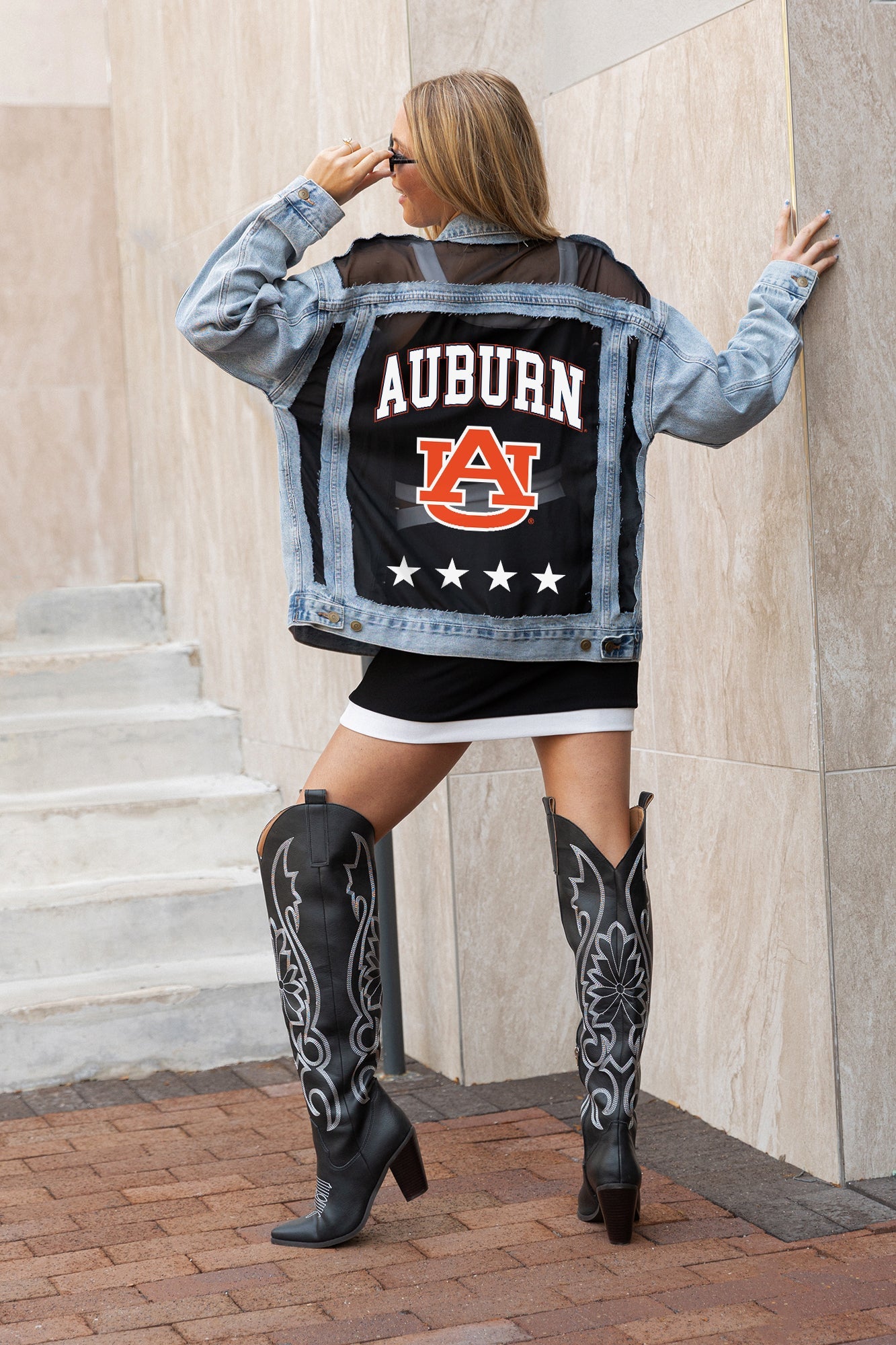AUBURN TIGERS RULE BREAKER DISTRESSED MESH DENIM JACKET