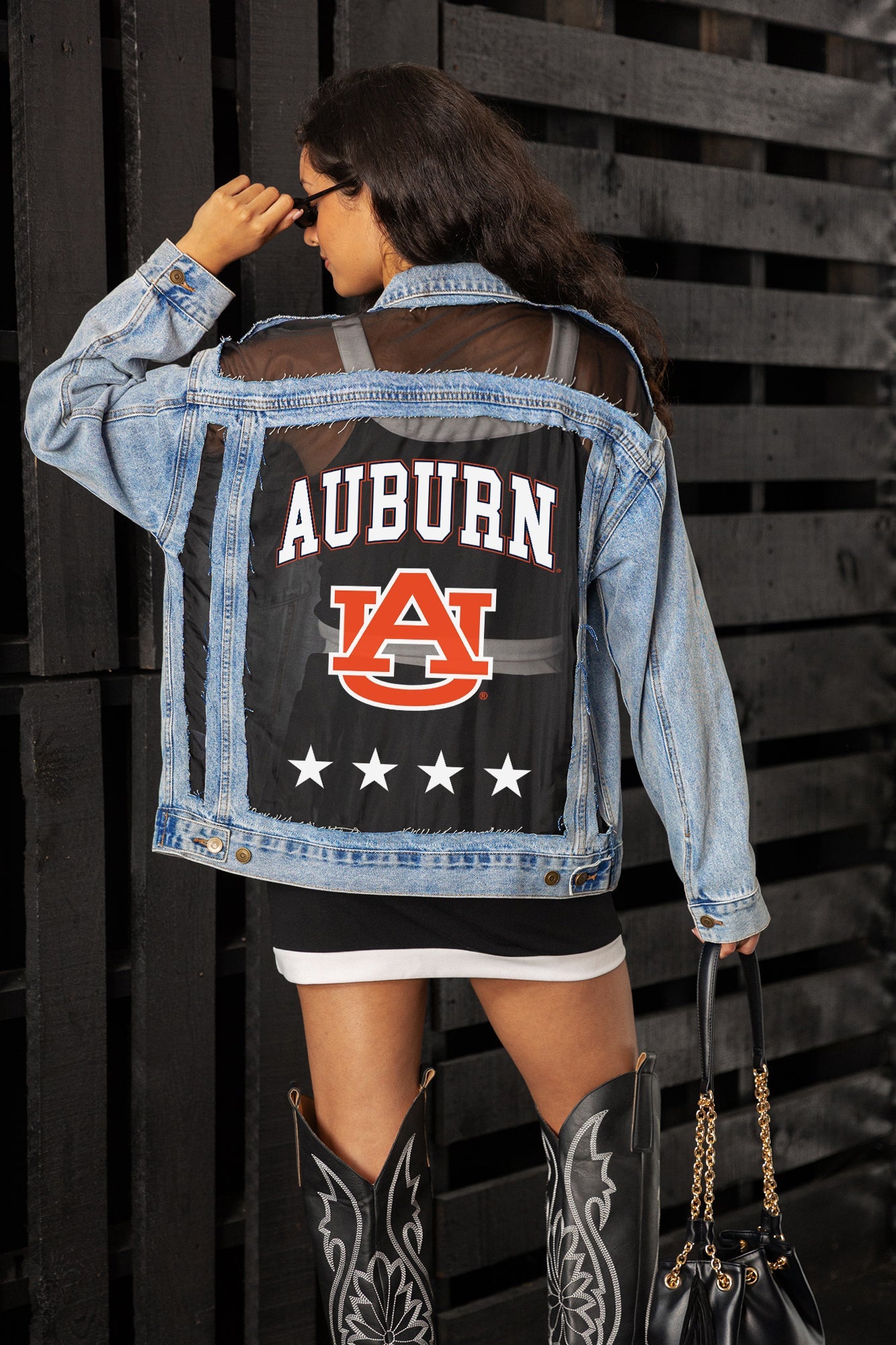 AUBURN TIGERS RULE BREAKER DISTRESSED MESH DENIM JACKET