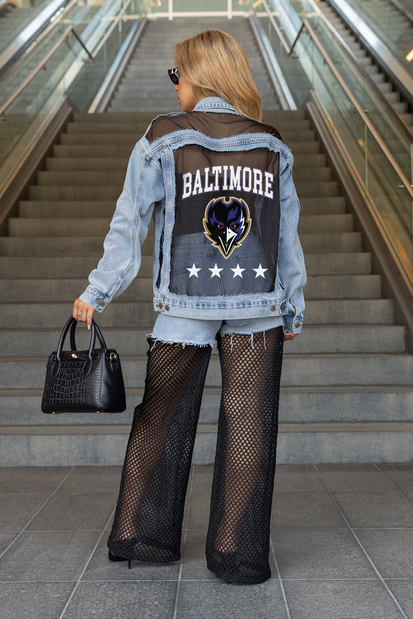 BALTIMORE RAVENS RULE BREAKER DISTRESSED MESH DENIM JACKET