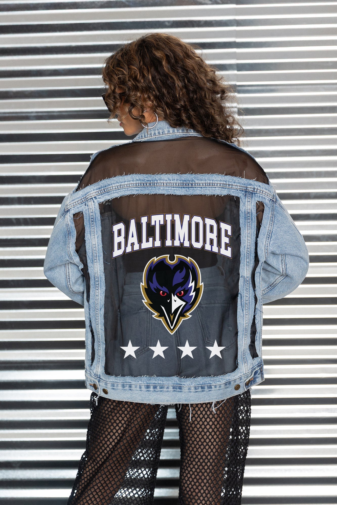 BALTIMORE RAVENS RULE BREAKER DISTRESSED MESH DENIM JACKET