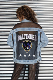 BALTIMORE RAVENS RULE BREAKER DISTRESSED MESH DENIM JACKET