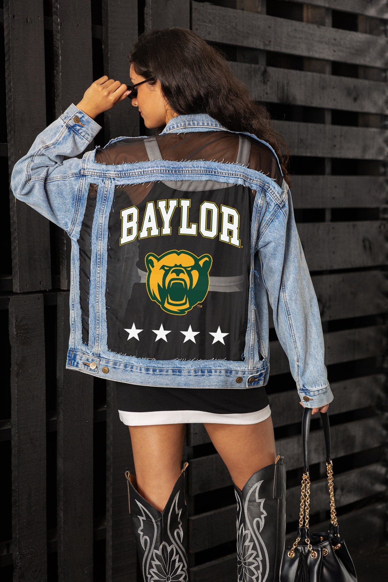 BAYLOR BEARS RULE BREAKER DISTRESSED MESH DENIM JACKET