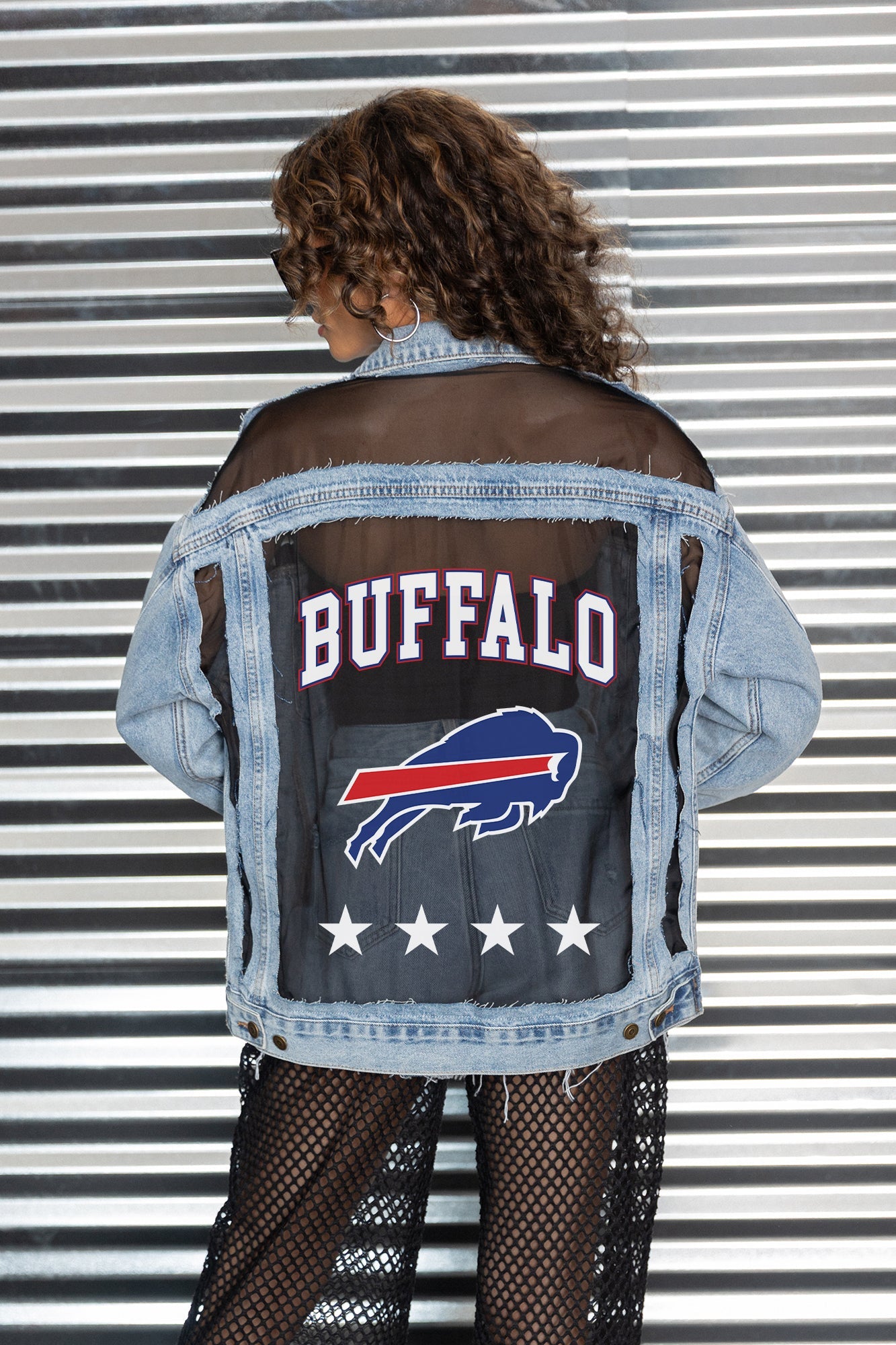 BUFFALO BILLS RULE BREAKER DISTRESSED MESH DENIM JACKET