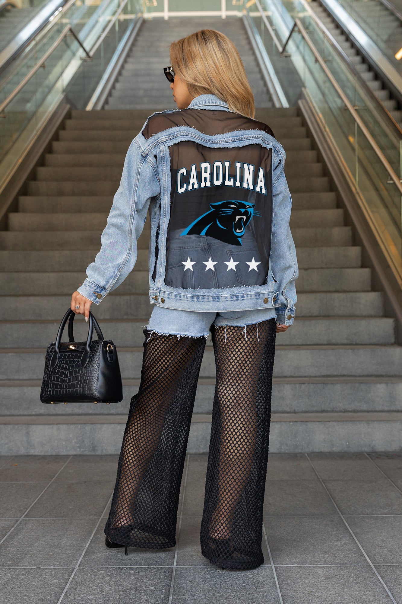 CAROLINA PANTHERS RULE BREAKER DISTRESSED MESH DENIM JACKET