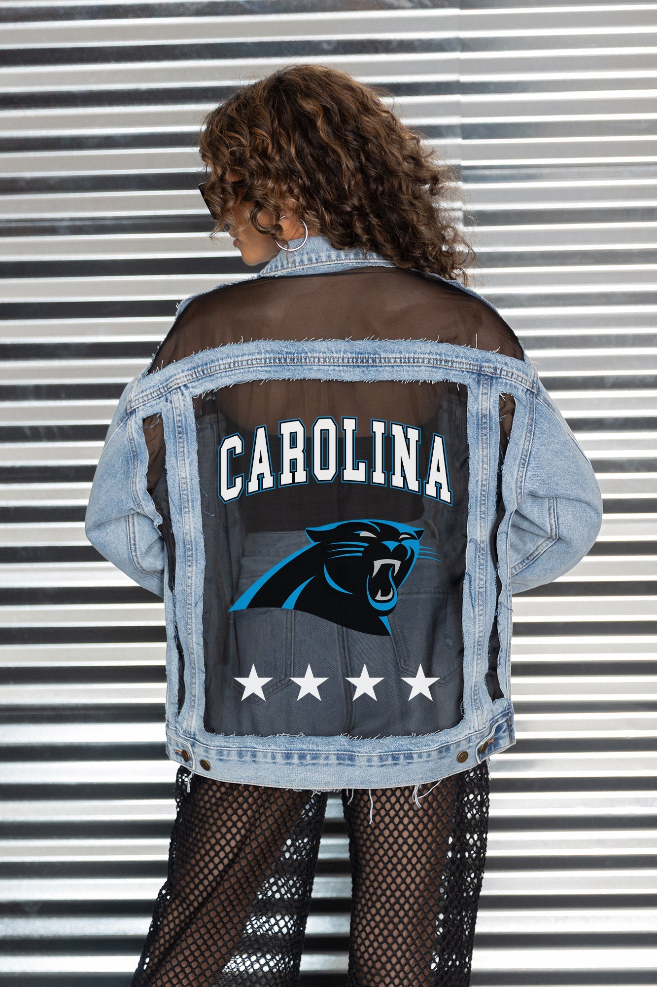 CAROLINA PANTHERS RULE BREAKER DISTRESSED MESH DENIM JACKET