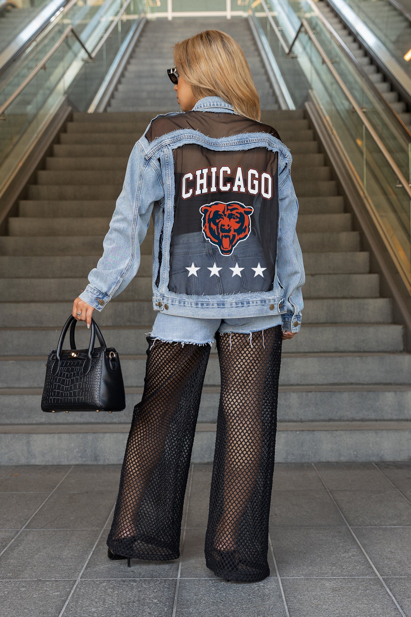 CHICAGO BEARS RULE BREAKER DISTRESSED MESH DENIM JACKET