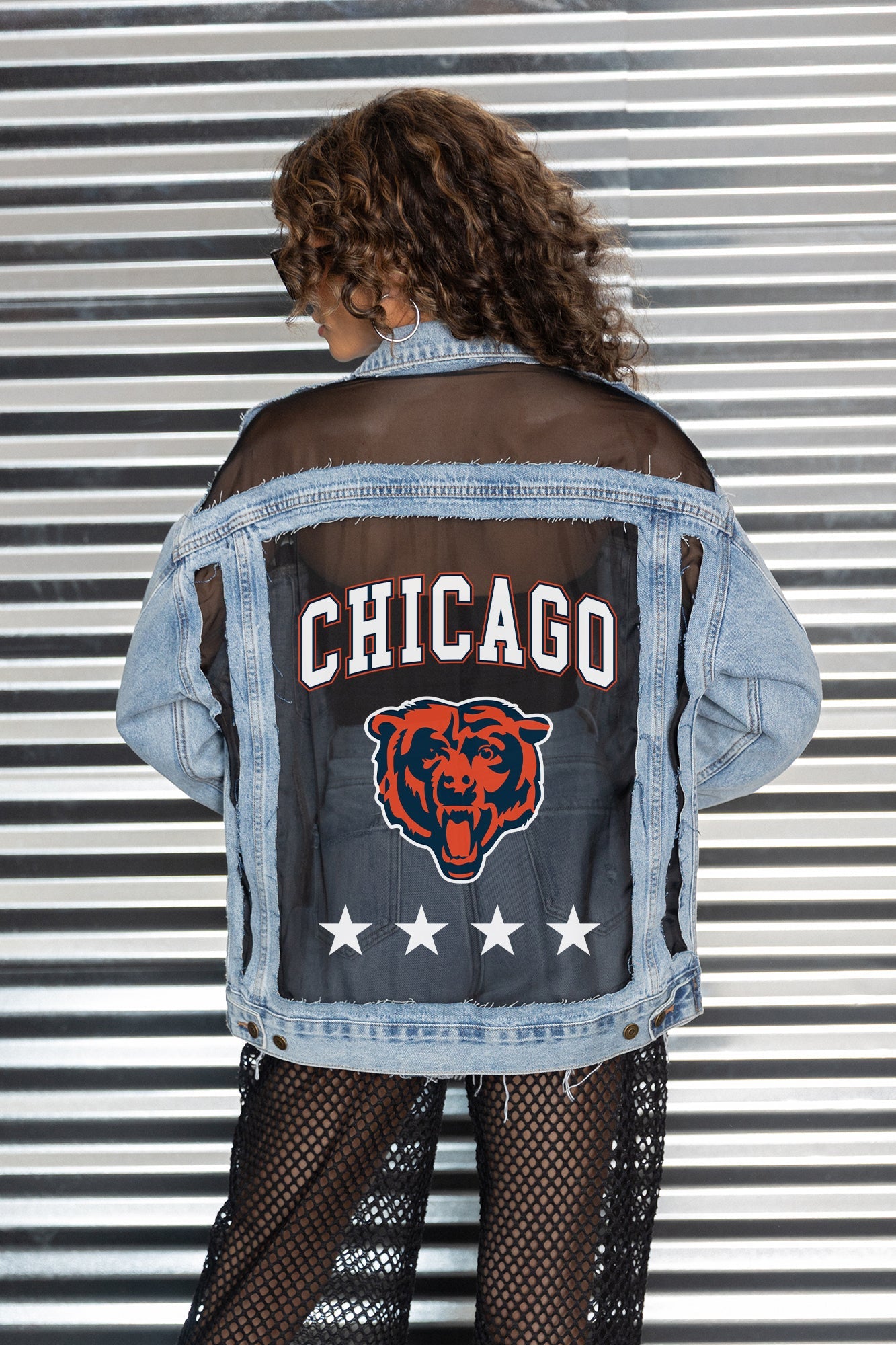 CHICAGO BEARS RULE BREAKER DISTRESSED MESH DENIM JACKET