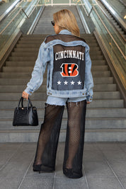 CINCINNATI BENGALS RULE BREAKER DISTRESSED MESH DENIM JACKET