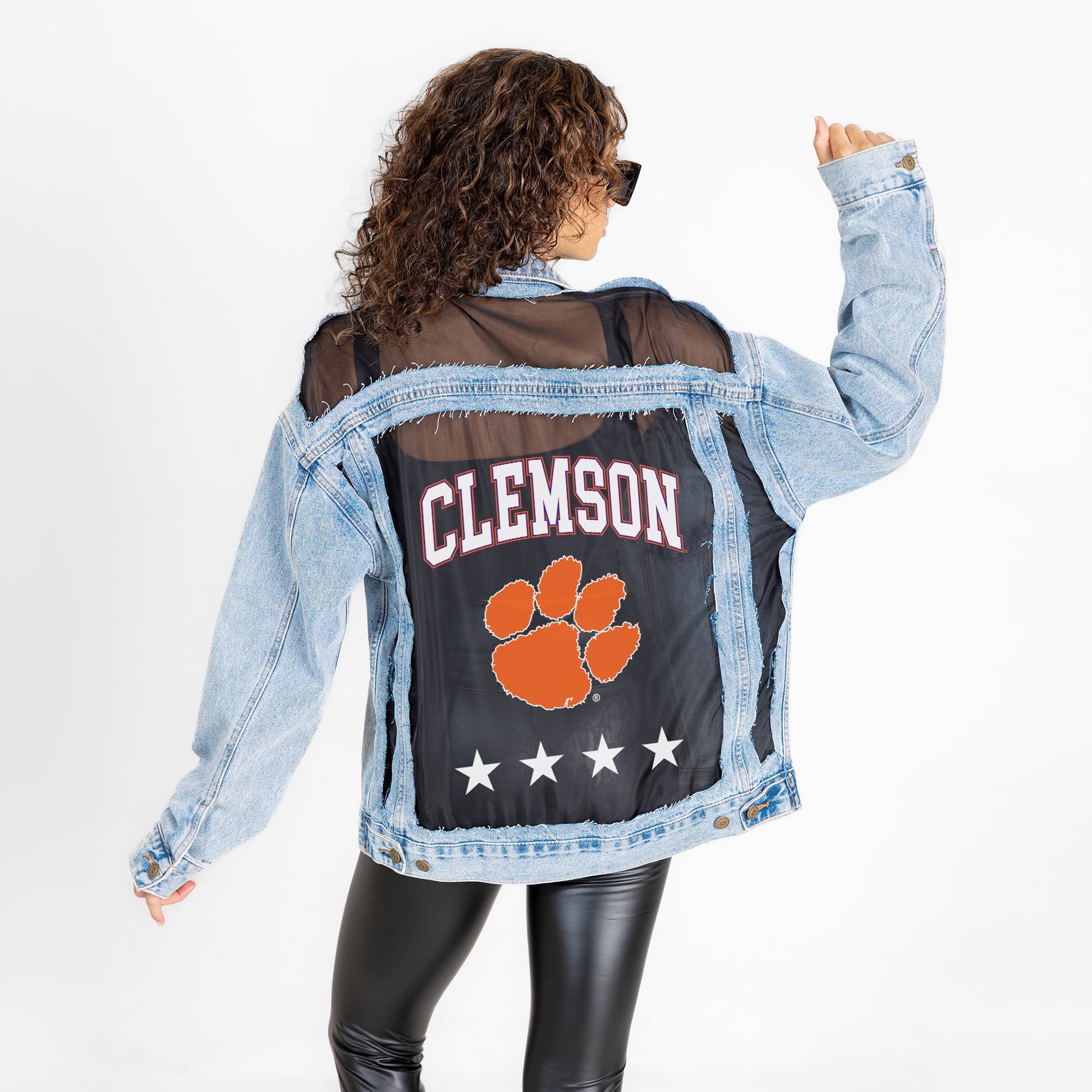 CLEMSON TIGERS RULE BREAKER DISTRESSED MESH DENIM JACKET